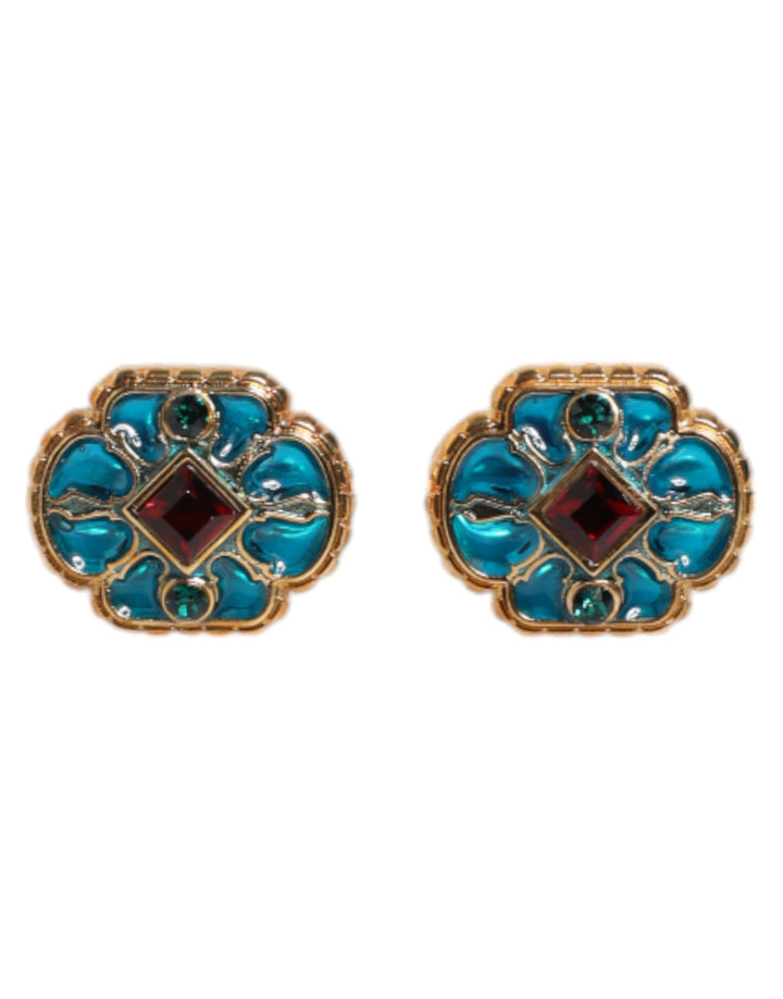 Dolce &amp; Gabbana Manschettenknopf aus goldfarbenem Messing mit blau emaillierter Blume