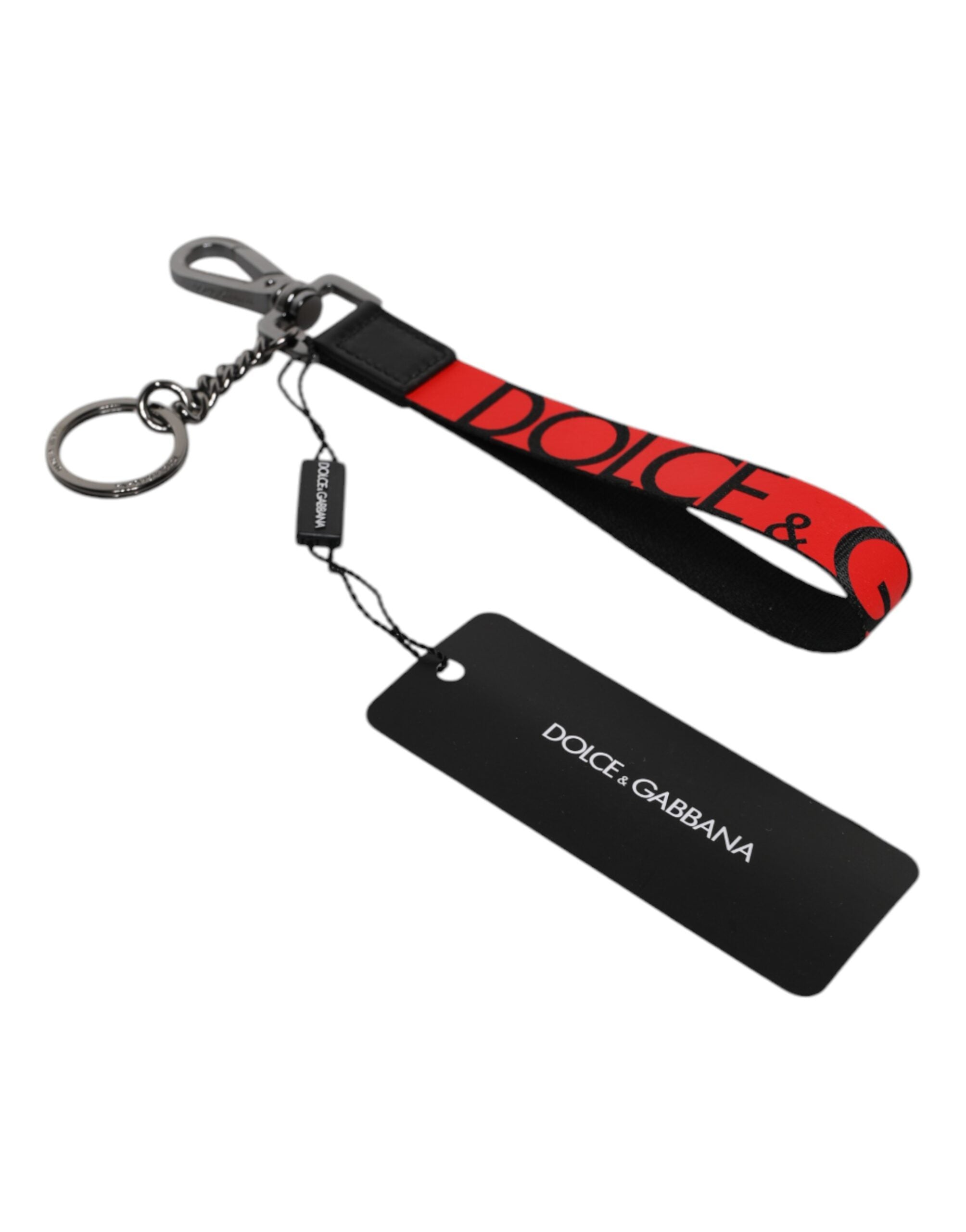 Dolce &amp; Gabbana Schlüsselanhänger mit rotem Logo, Nylon, Silber, Messing, für Herren
