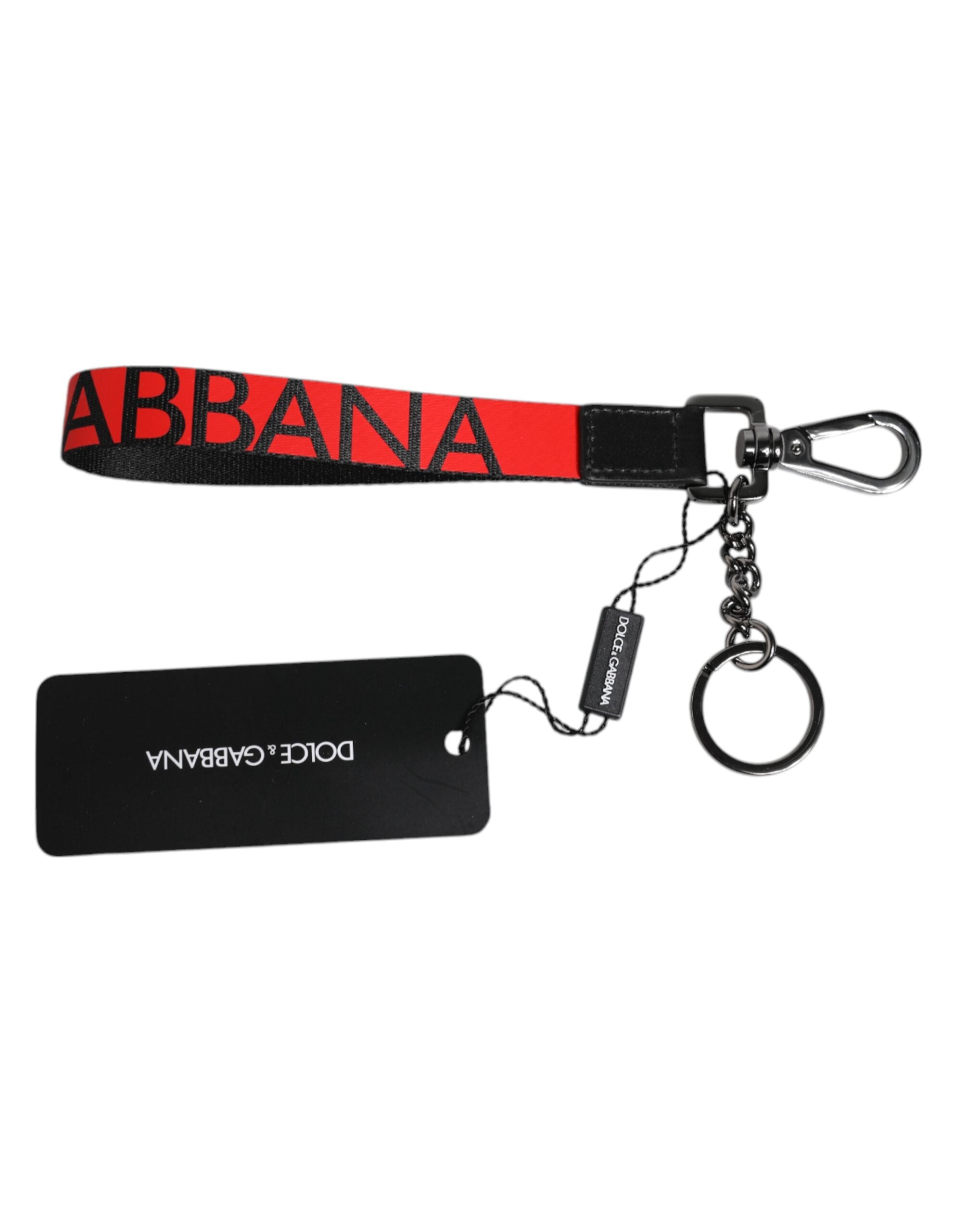 Dolce &amp; Gabbana Schlüsselanhänger mit rotem Logo, Nylon, Silber, Messing, für Herren