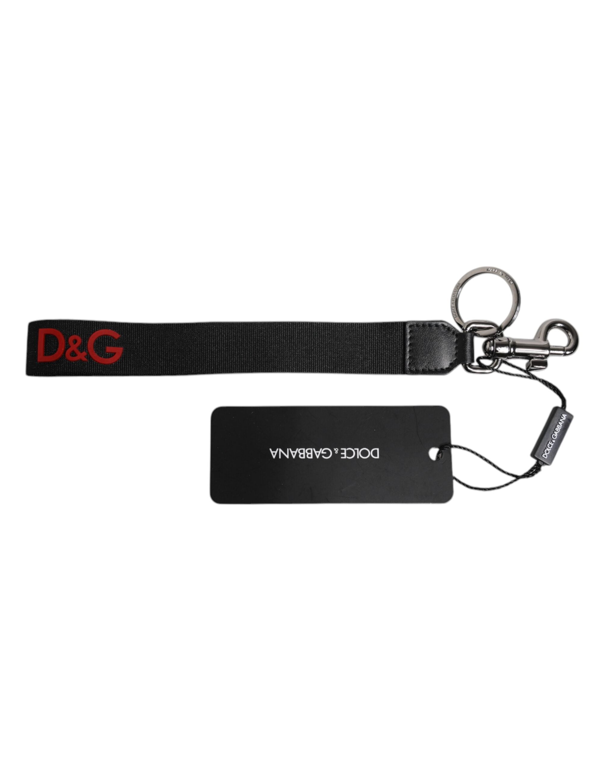 Dolce &amp; Gabbana Schlüsselanhänger mit schwarzem Logo, Nylon, Silber, Messing, für Herren