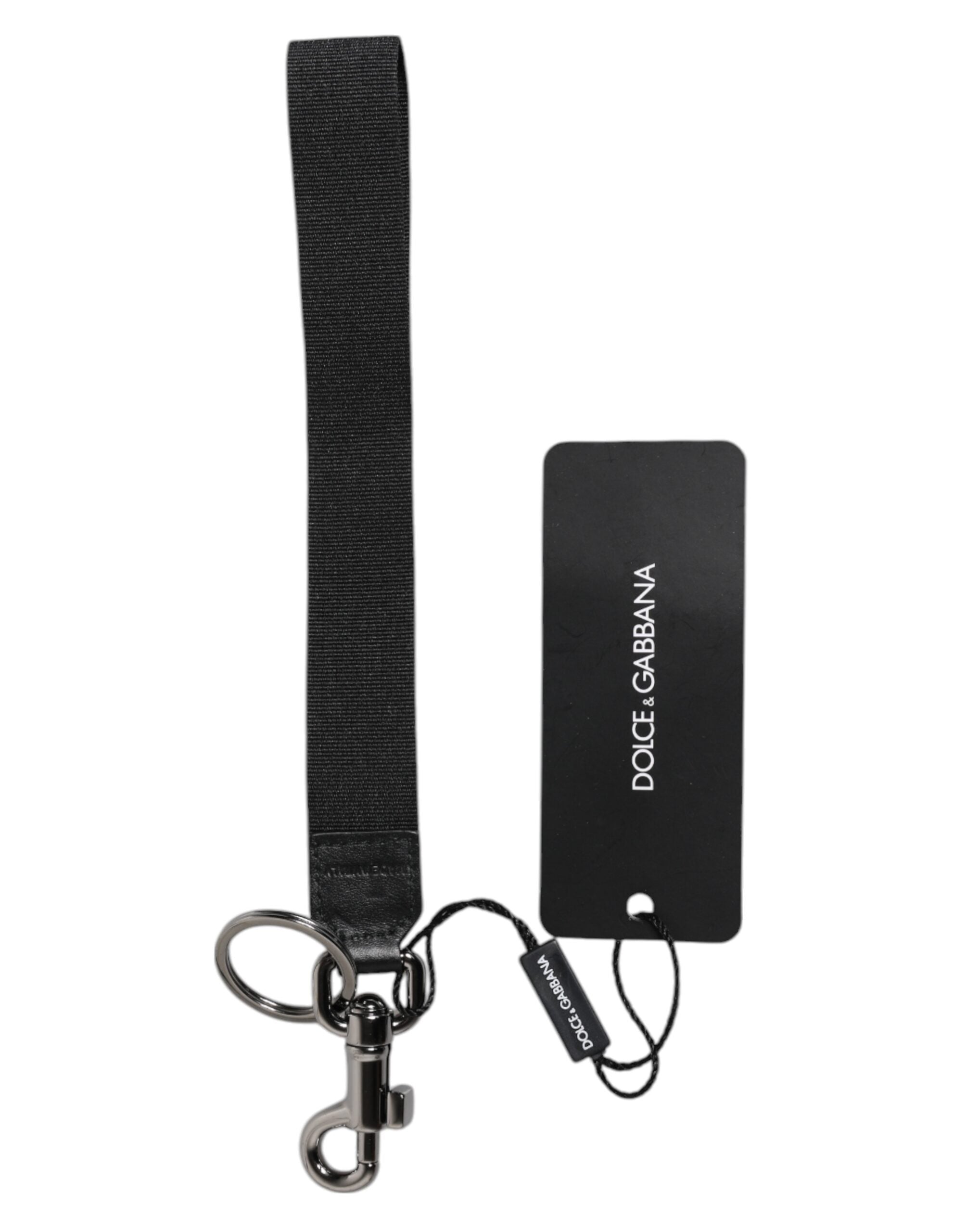 Dolce &amp; Gabbana Schlüsselanhänger mit schwarzem Logo, Nylon, Silber, Messing, für Herren