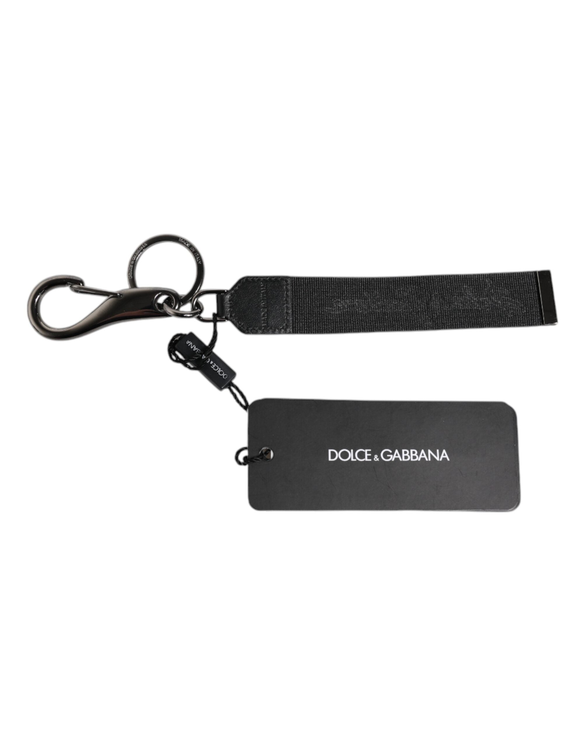 Dolce &amp; Gabbana Schlüsselanhänger mit schwarzem Logo, Nylon, Silber, Messing, für Herren