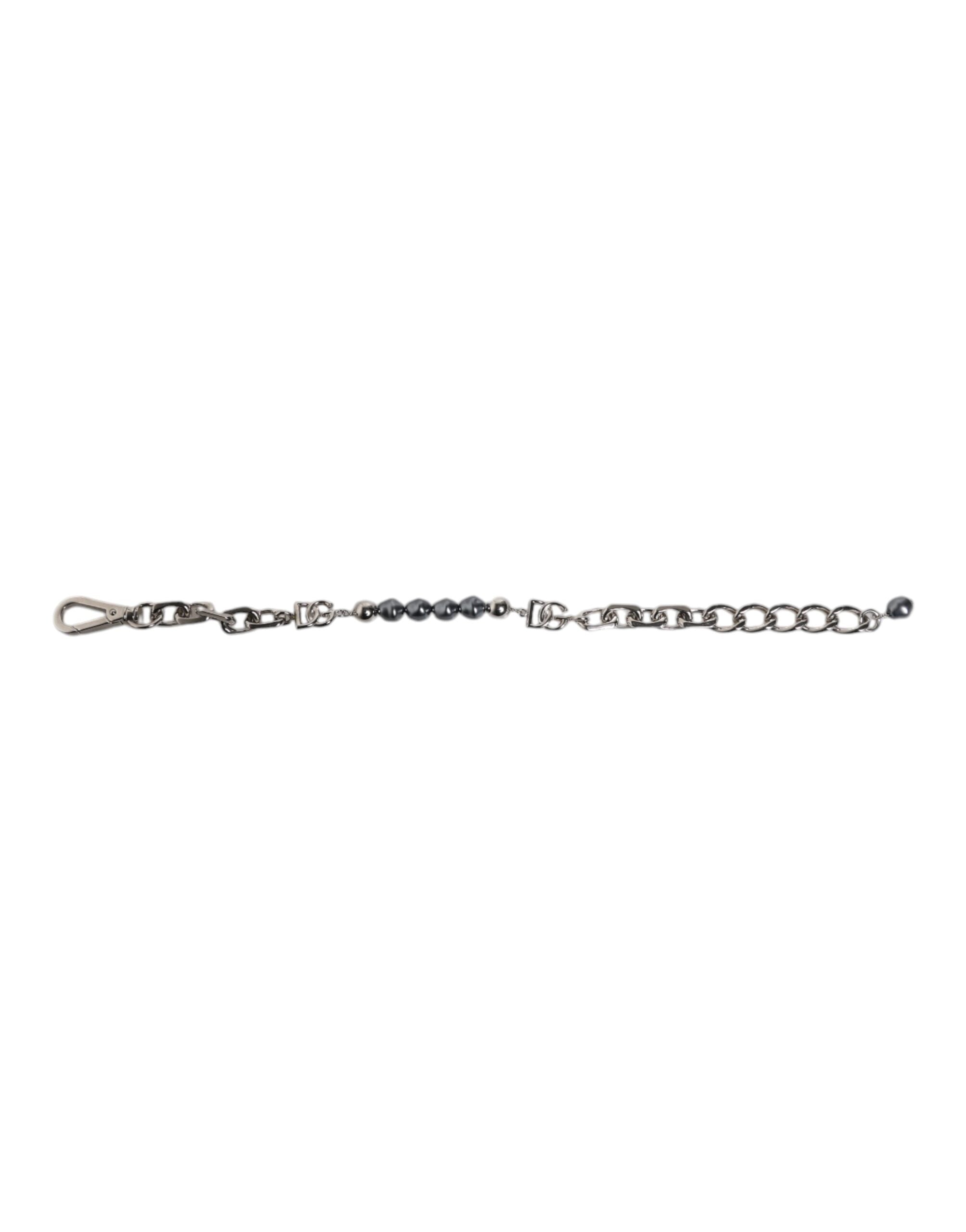 Dolce &amp; Gabbana Silberfarbenes Kettenarmband mit Karabinerverschluss und grauen Perlen