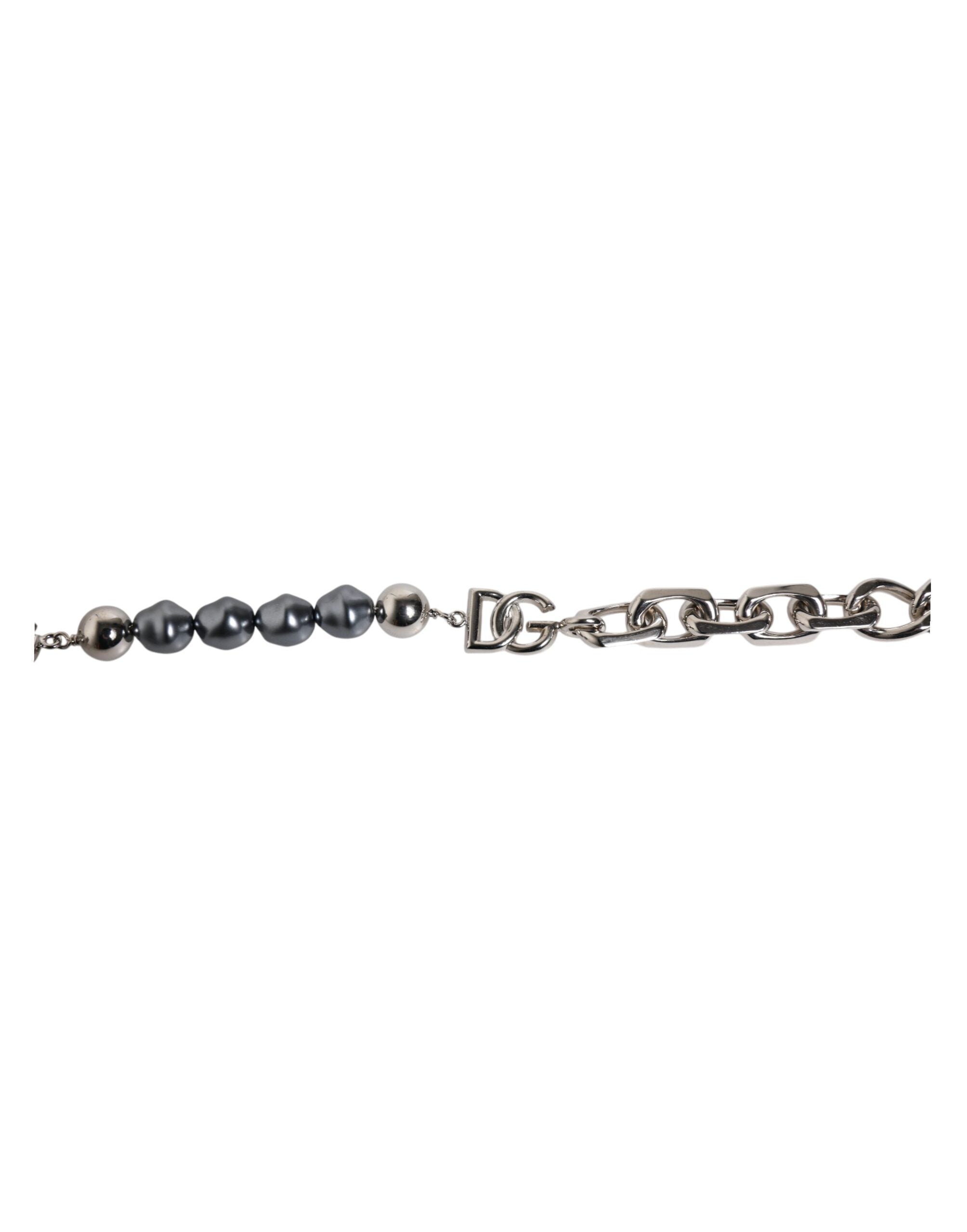 Dolce &amp; Gabbana Silberfarbenes Kettenarmband mit Karabinerverschluss und grauen Perlen