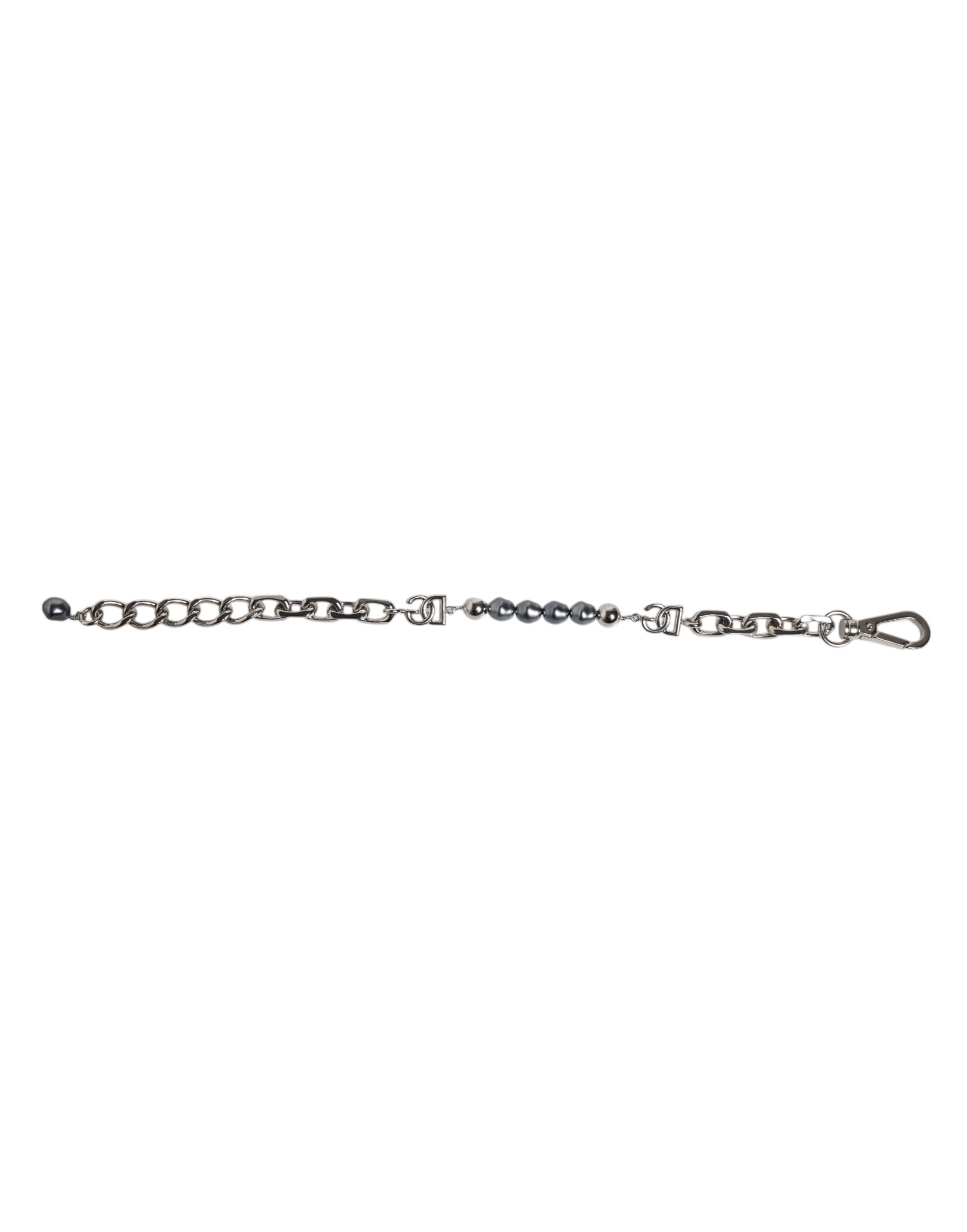 Dolce &amp; Gabbana Silberfarbenes Kettenarmband mit Karabinerverschluss und grauen Perlen