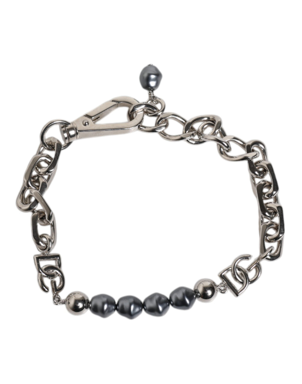 Dolce &amp; Gabbana Silberfarbenes Kettenarmband mit Karabinerverschluss und grauen Perlen