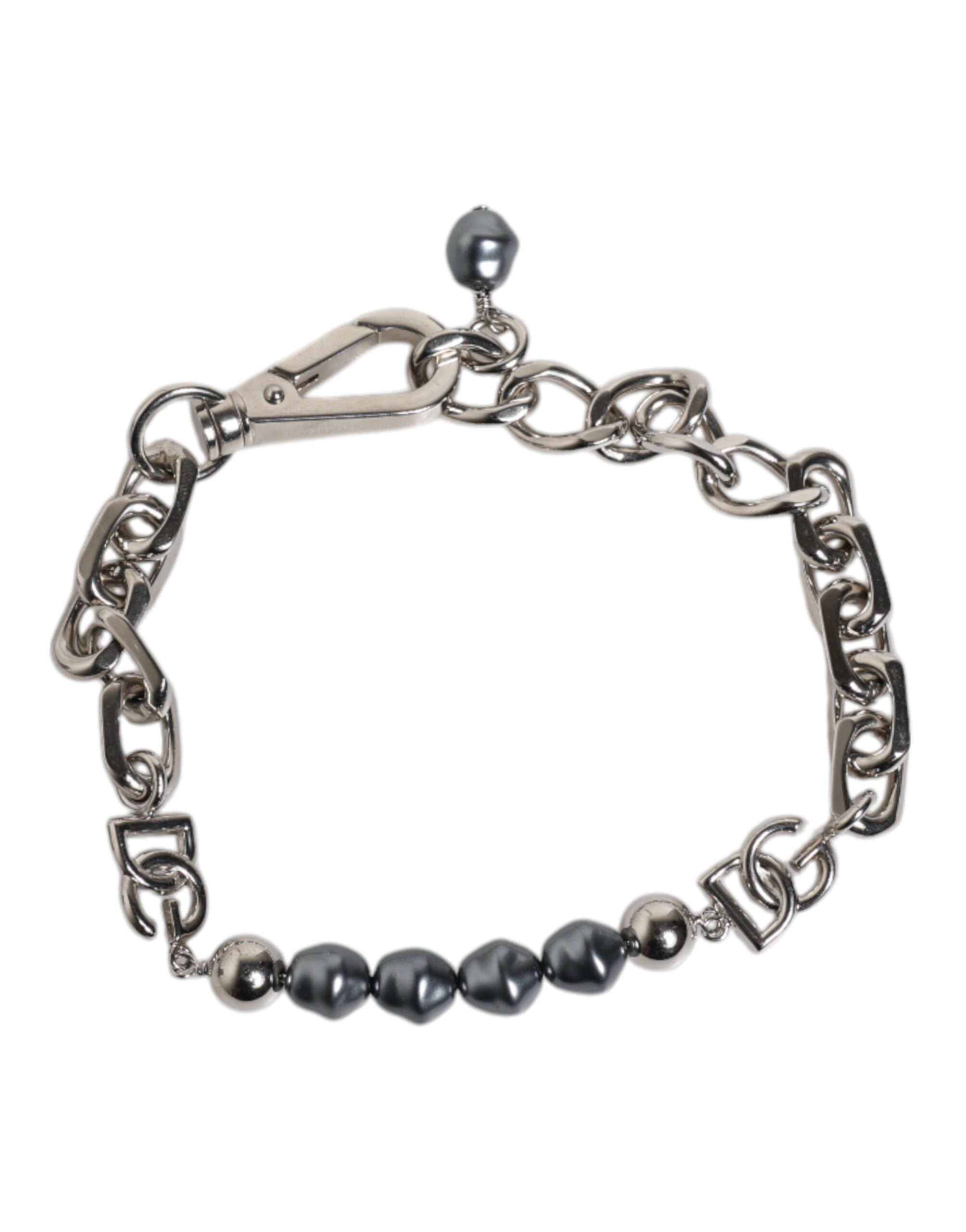 Dolce &amp; Gabbana Silberfarbenes Kettenarmband mit Karabinerverschluss und grauen Perlen