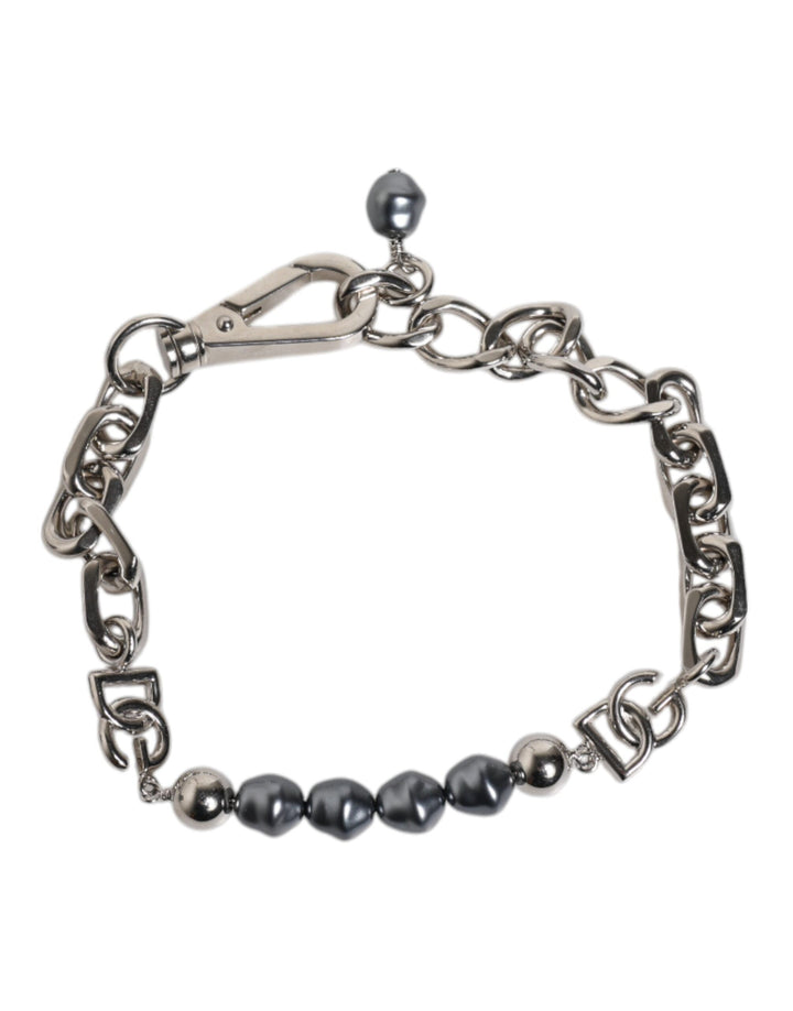 Dolce &amp; Gabbana Silberfarbenes Kettenarmband mit Karabinerverschluss und grauen Perlen