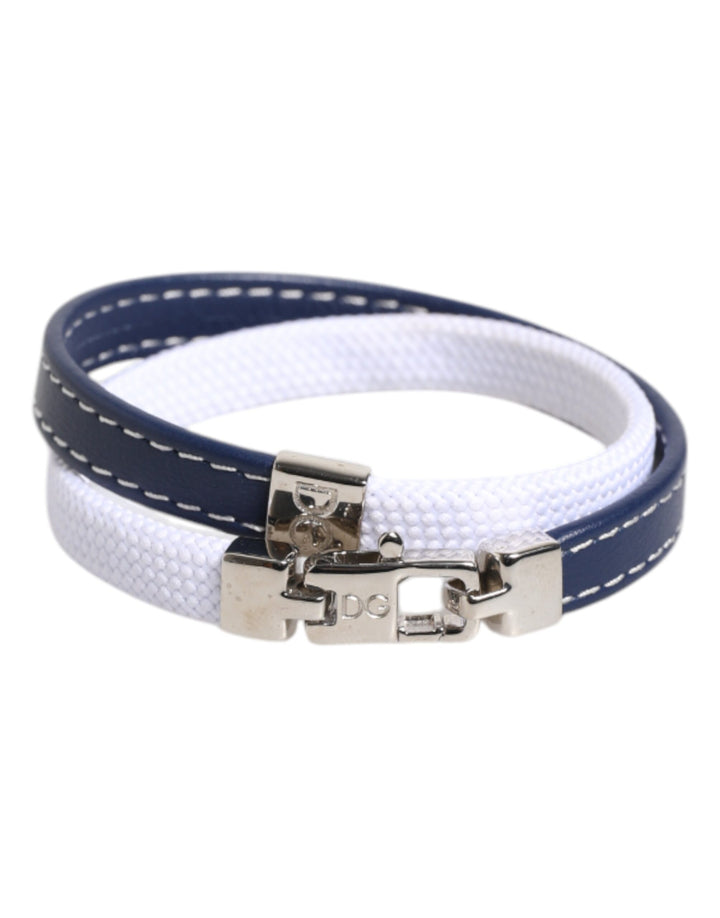 Dolce &amp; Gabbana – Armband mit silberfarbenem Verschluss und blau-weißem Lederbesatz mit DG-Gravur