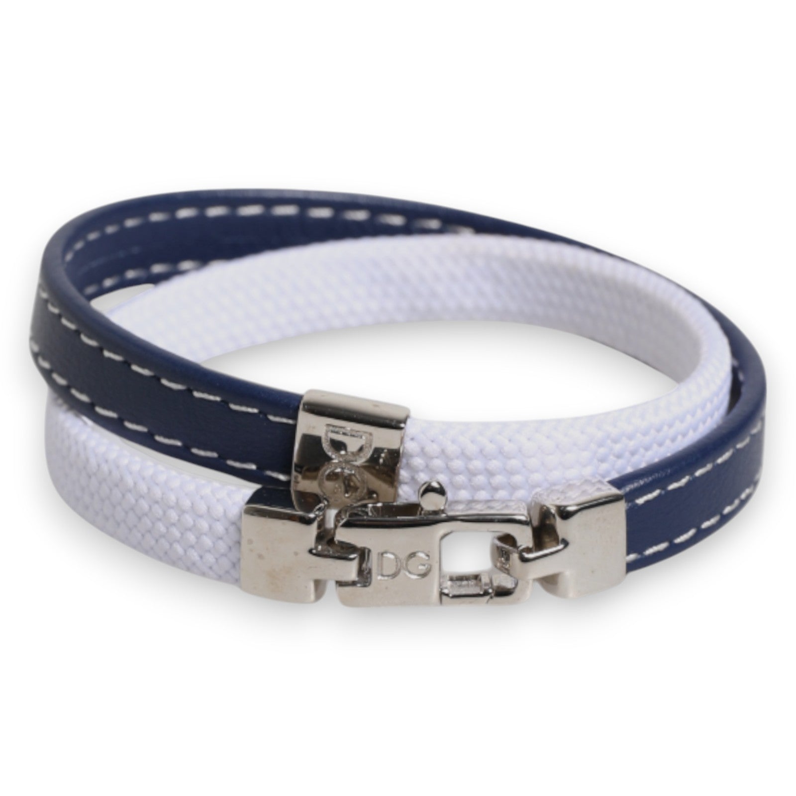 Dolce &amp; Gabbana – Armband mit silberfarbenem Verschluss und blau-weißem Lederbesatz mit DG-Gravur