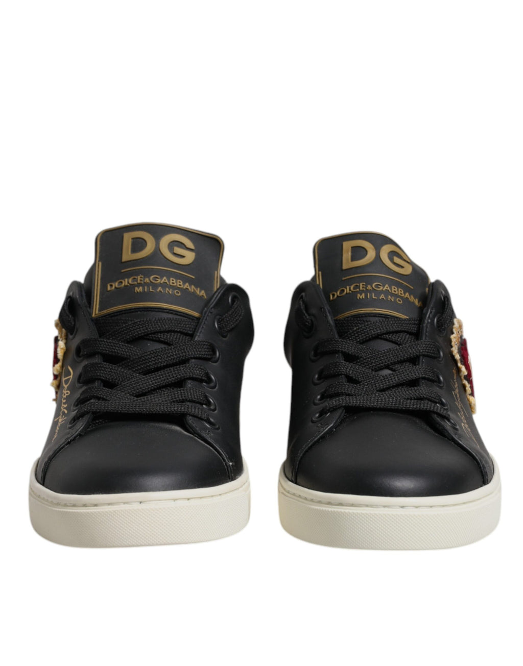 Dolce &amp; Gabbana Schwarze Lederschuhe mit goldenem und rotem Herz
