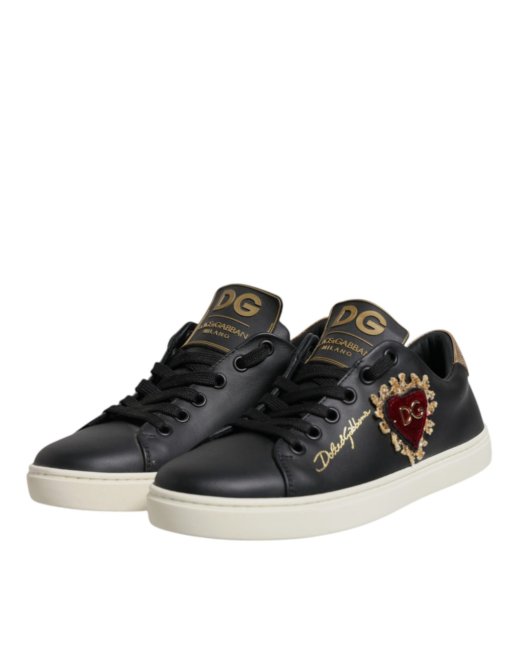 Dolce &amp; Gabbana Schwarze Lederschuhe mit goldenem und rotem Herz