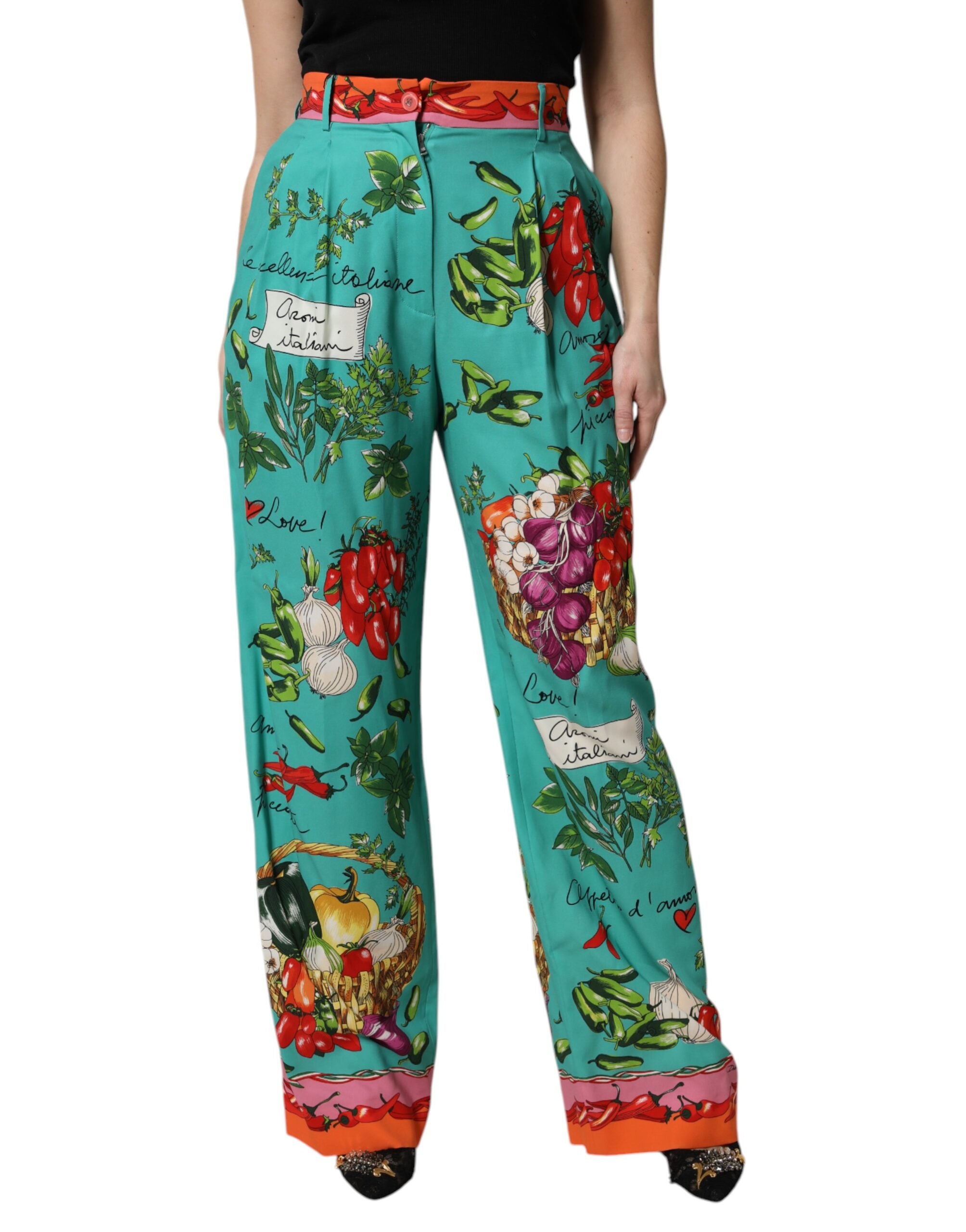 Dolce &amp; Gabbana Grüne, gerade Hose aus bedruckter Seide