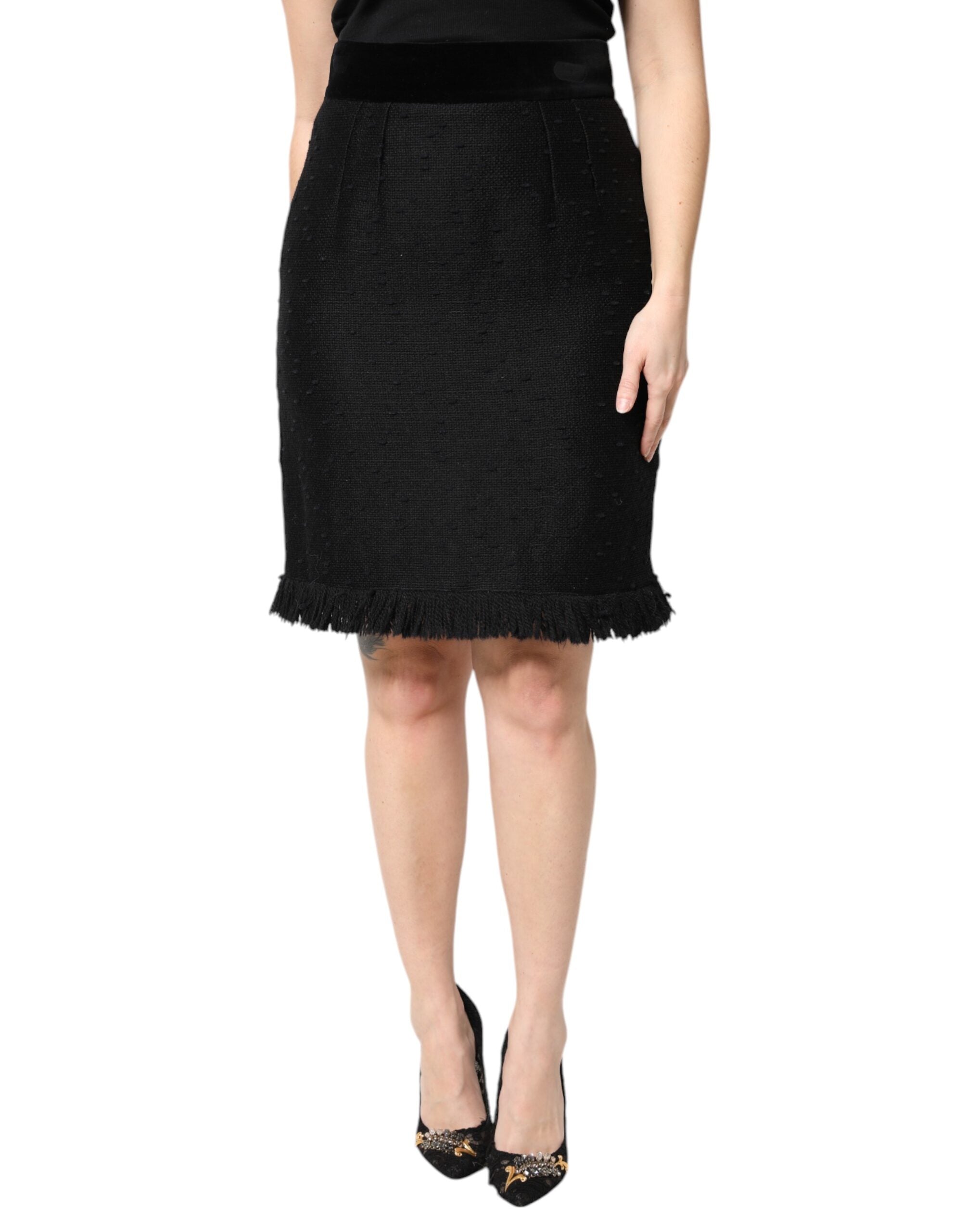 Dolce &amp; Gabbana – Schwarzer Bleistift-Minirock mit hoher Taille und Fransen aus Wolle