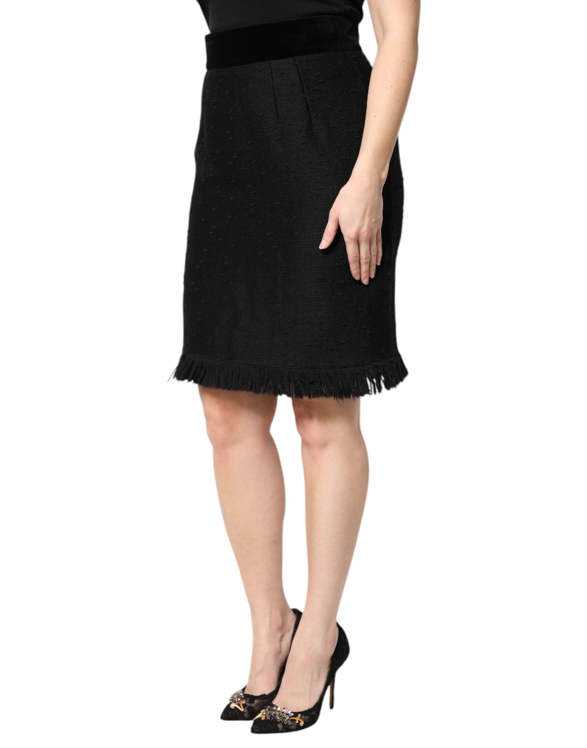Dolce &amp; Gabbana – Schwarzer Bleistift-Minirock mit hoher Taille und Fransen aus Wolle