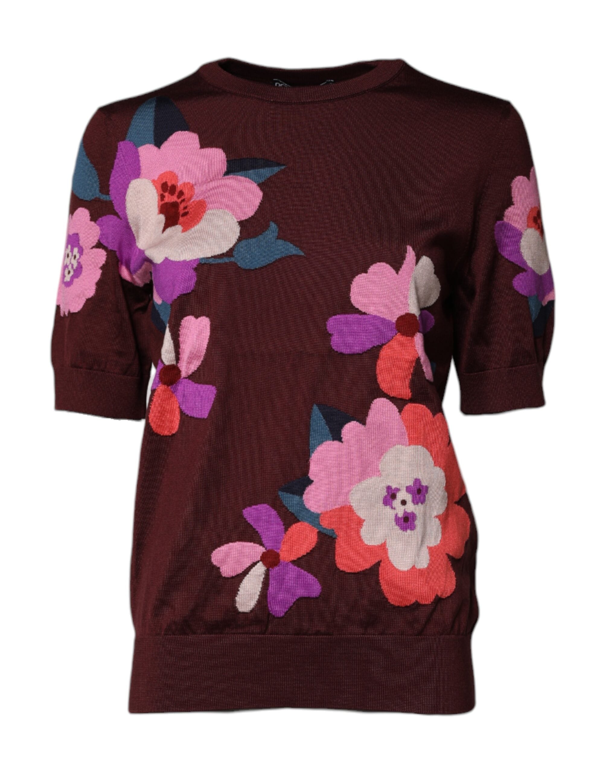 Dolce &amp; Gabbana – Kastanienbraunes Blusentop aus Seide mit Rundhalsausschnitt und Blumenmuster