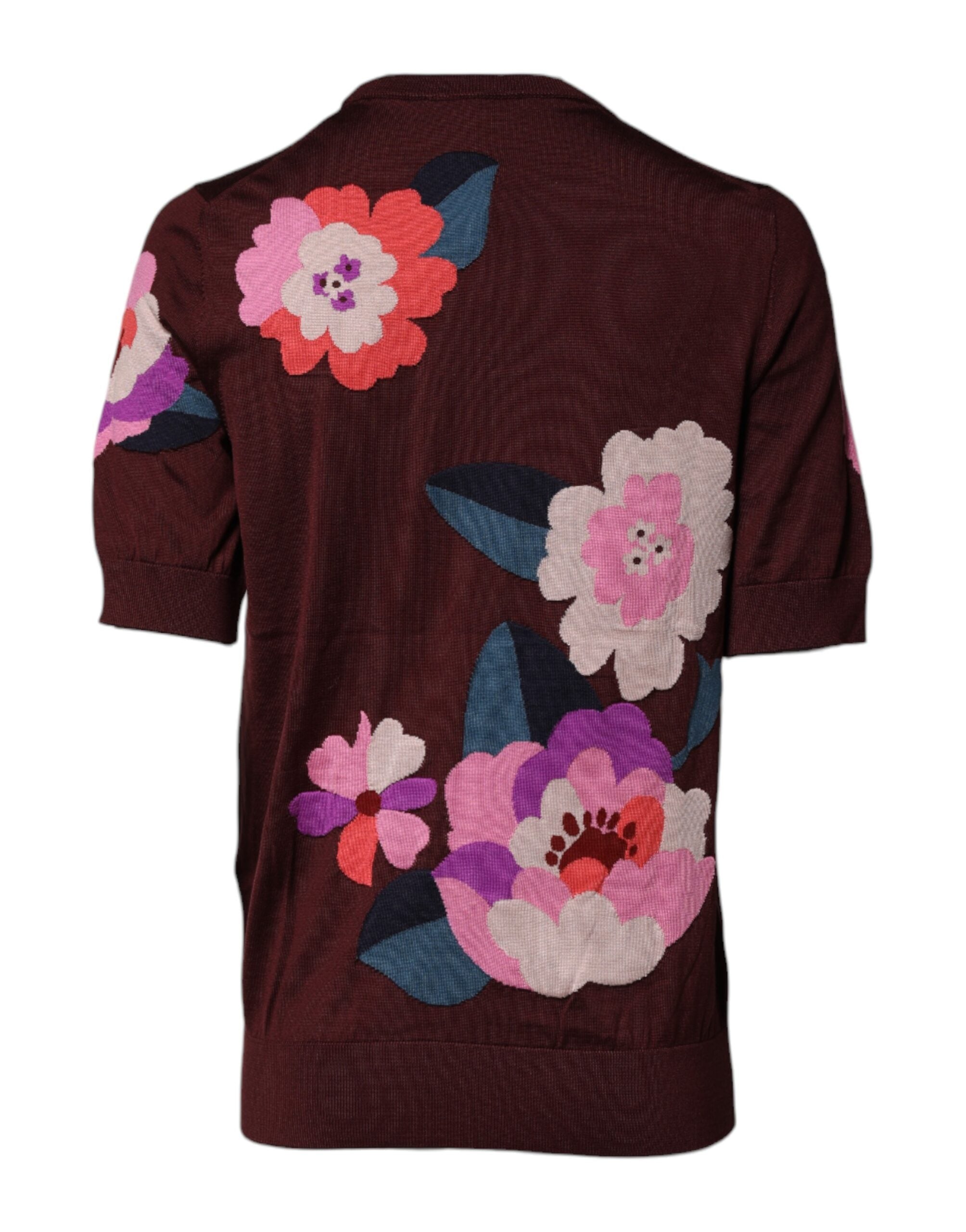Dolce &amp; Gabbana – Kastanienbraunes Blusentop aus Seide mit Rundhalsausschnitt und Blumenmuster