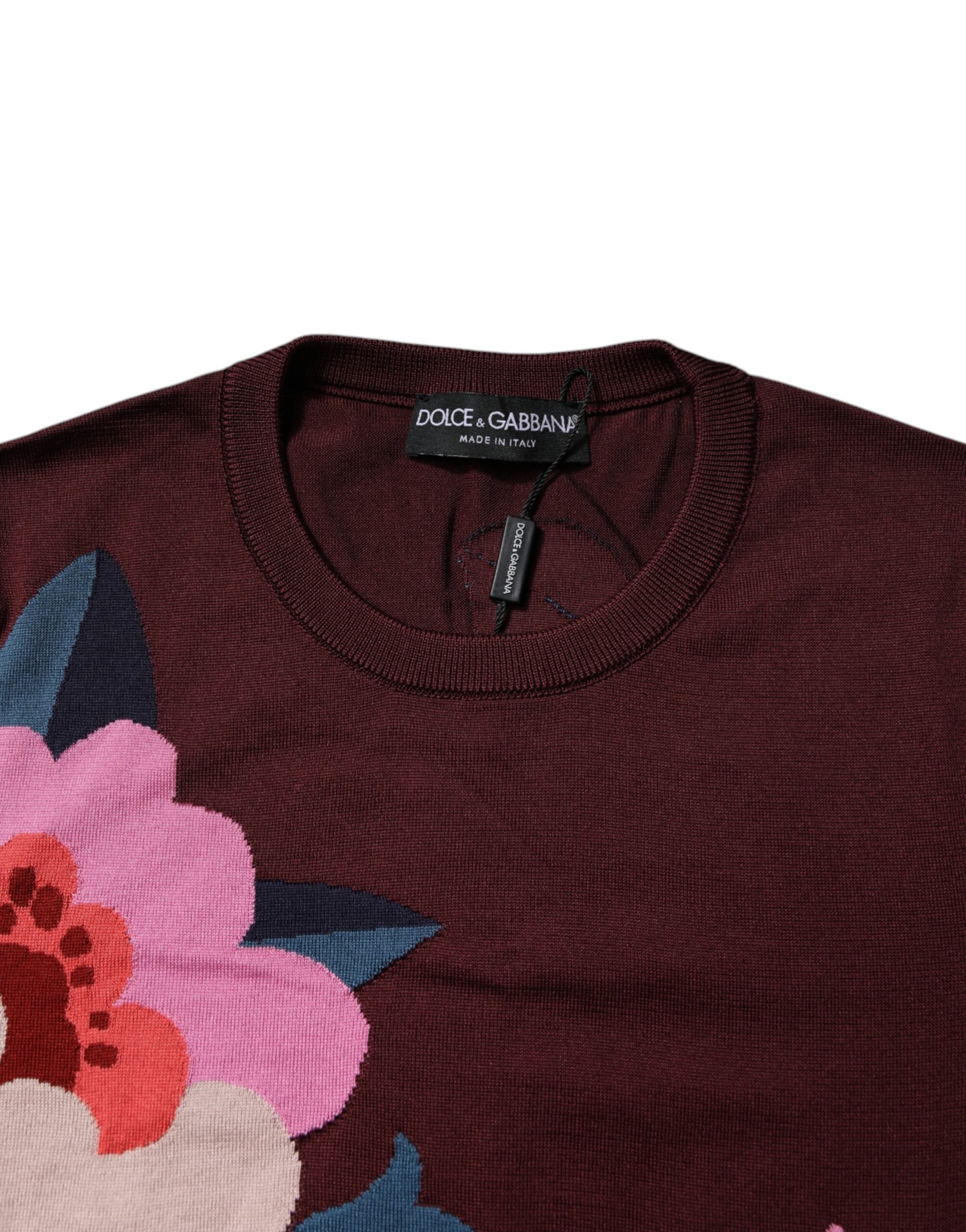 Dolce &amp; Gabbana – Kastanienbraunes Blusentop aus Seide mit Rundhalsausschnitt und Blumenmuster