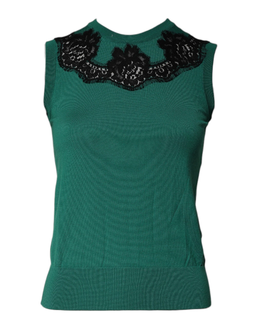 Dolce &amp; Gabbana, grünes ärmelloses Tanktop aus Wolle mit Spitzendetail