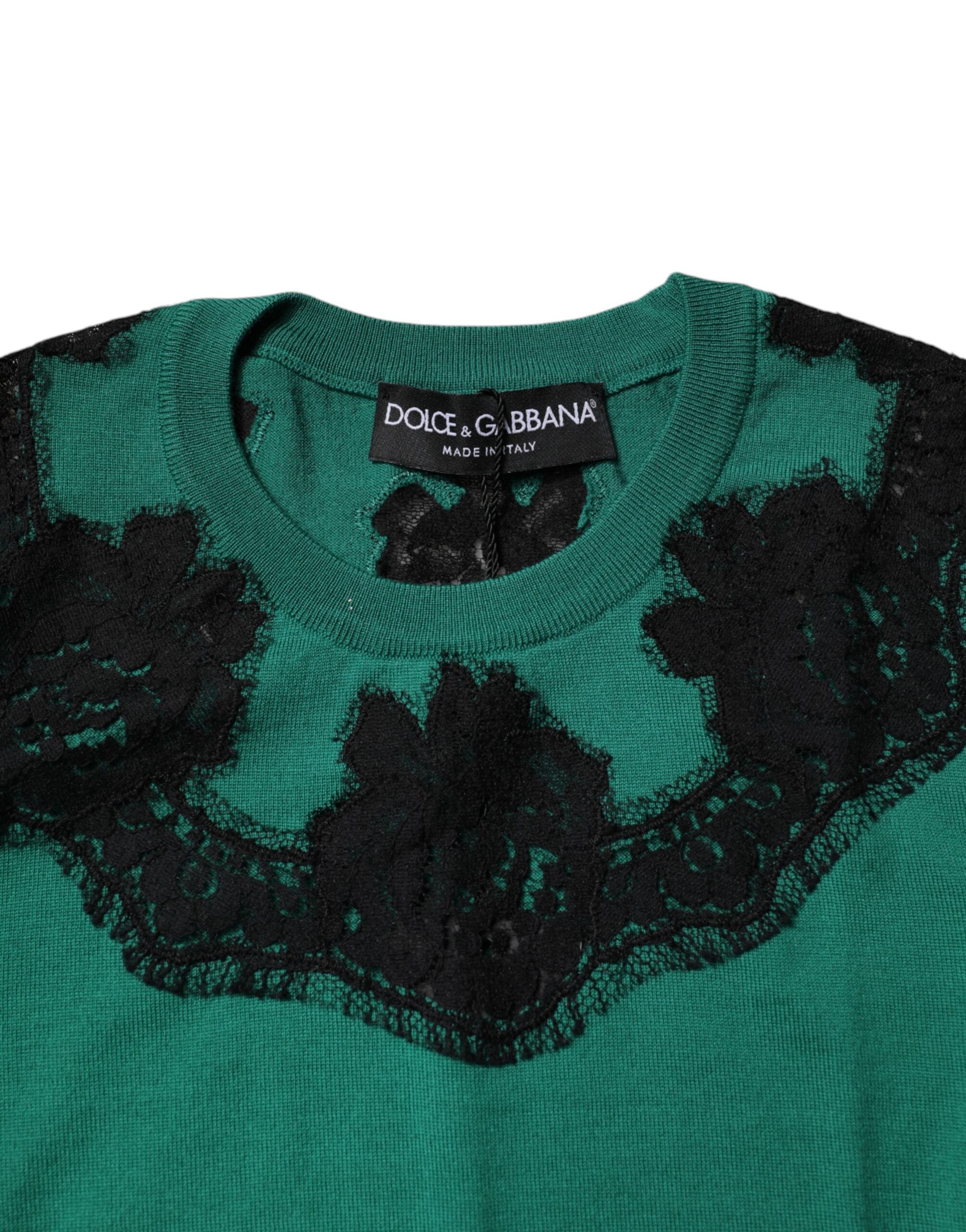 Dolce &amp; Gabbana, grünes ärmelloses Tanktop aus Wolle mit Spitzendetail