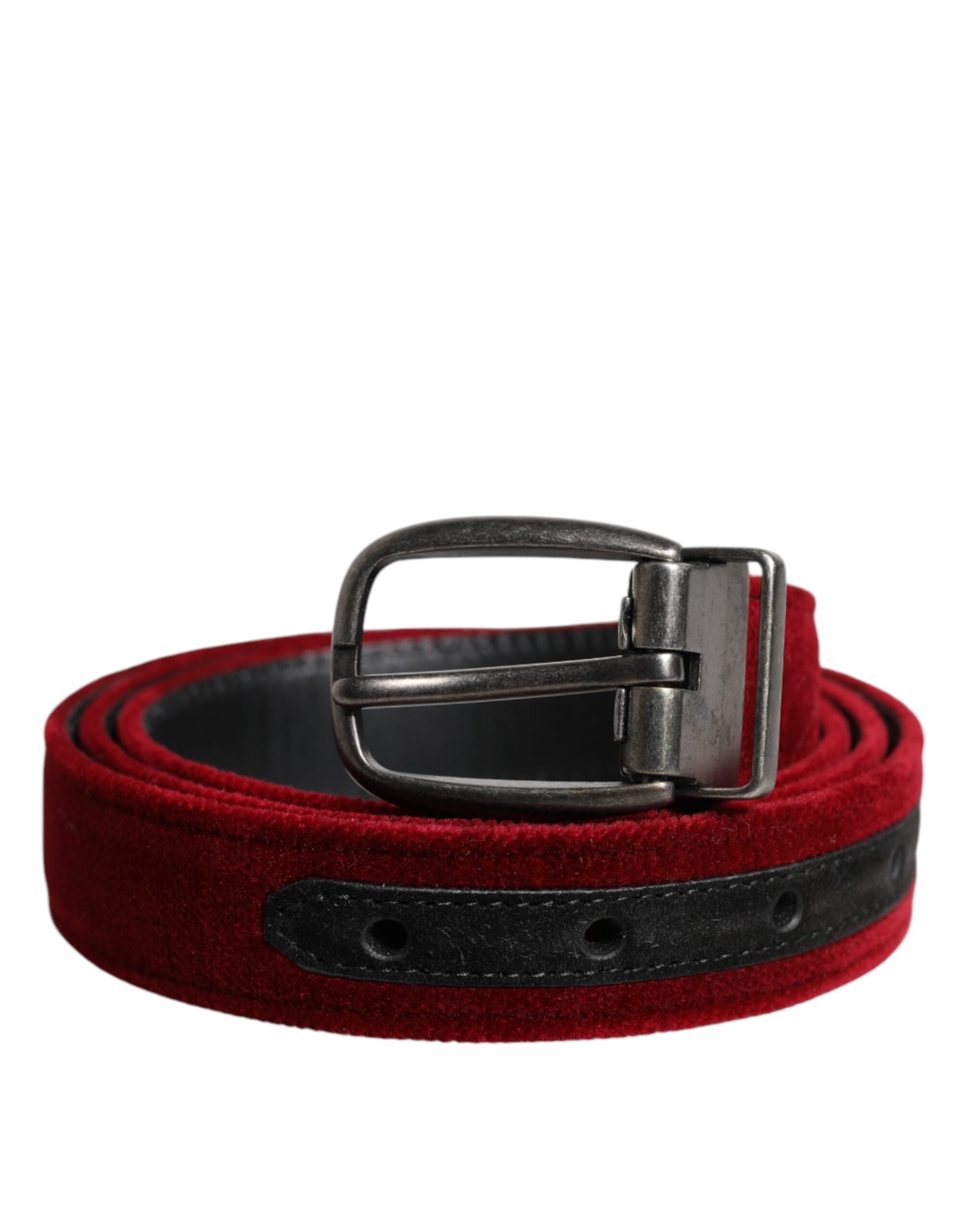 Dolce &amp; Gabbana – Roter Samtgürtel mit schwarzer Metallschnalle und Logo