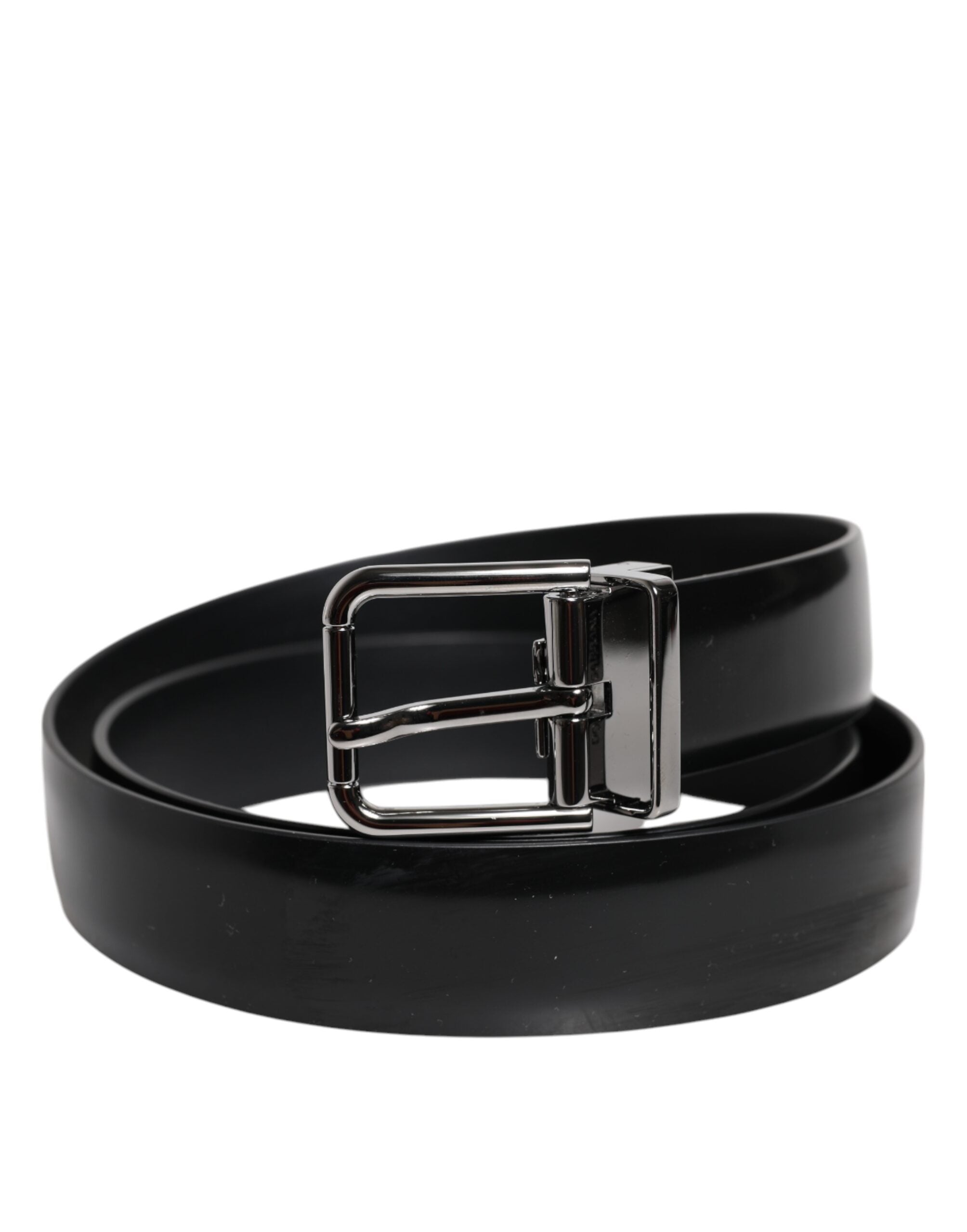 Dolce &amp; Gabbana – Schwarzer, glänzender Ledergürtel mit silberner Metallschnalle