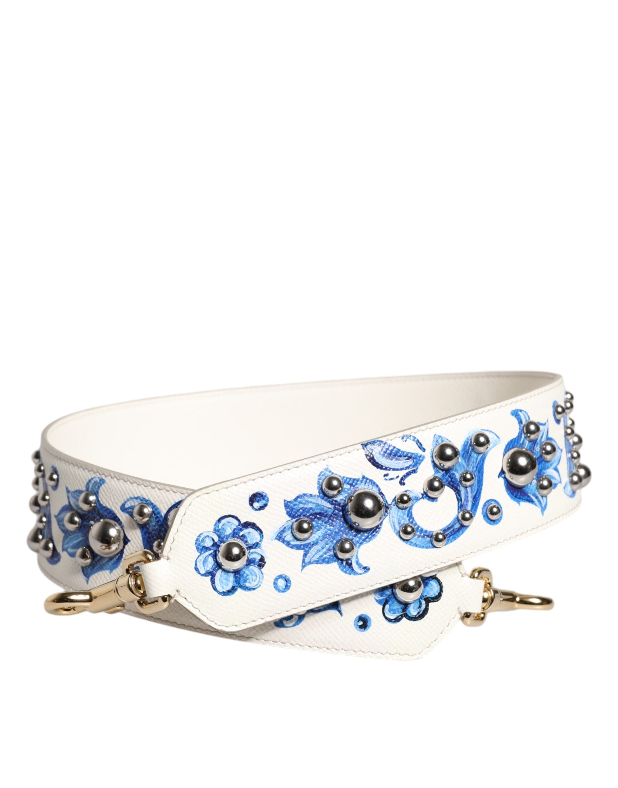 Dolce &amp; Gabbana Schulterriemen aus Leder mit Blumenmuster und Nieten in Weiß und Blau