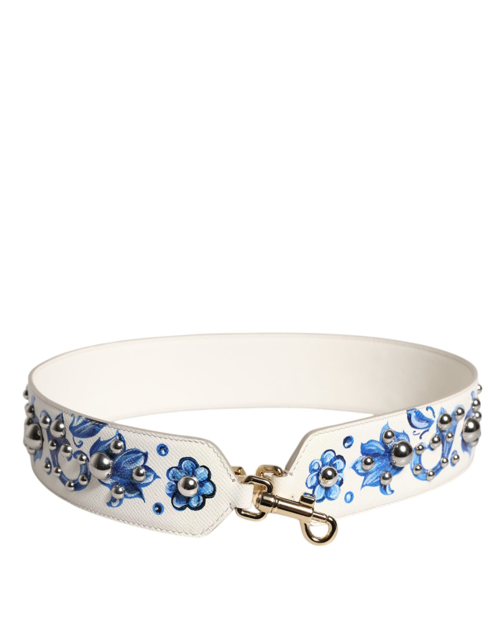 Dolce &amp; Gabbana Schulterriemen aus Leder mit Blumenmuster und Nieten in Weiß und Blau