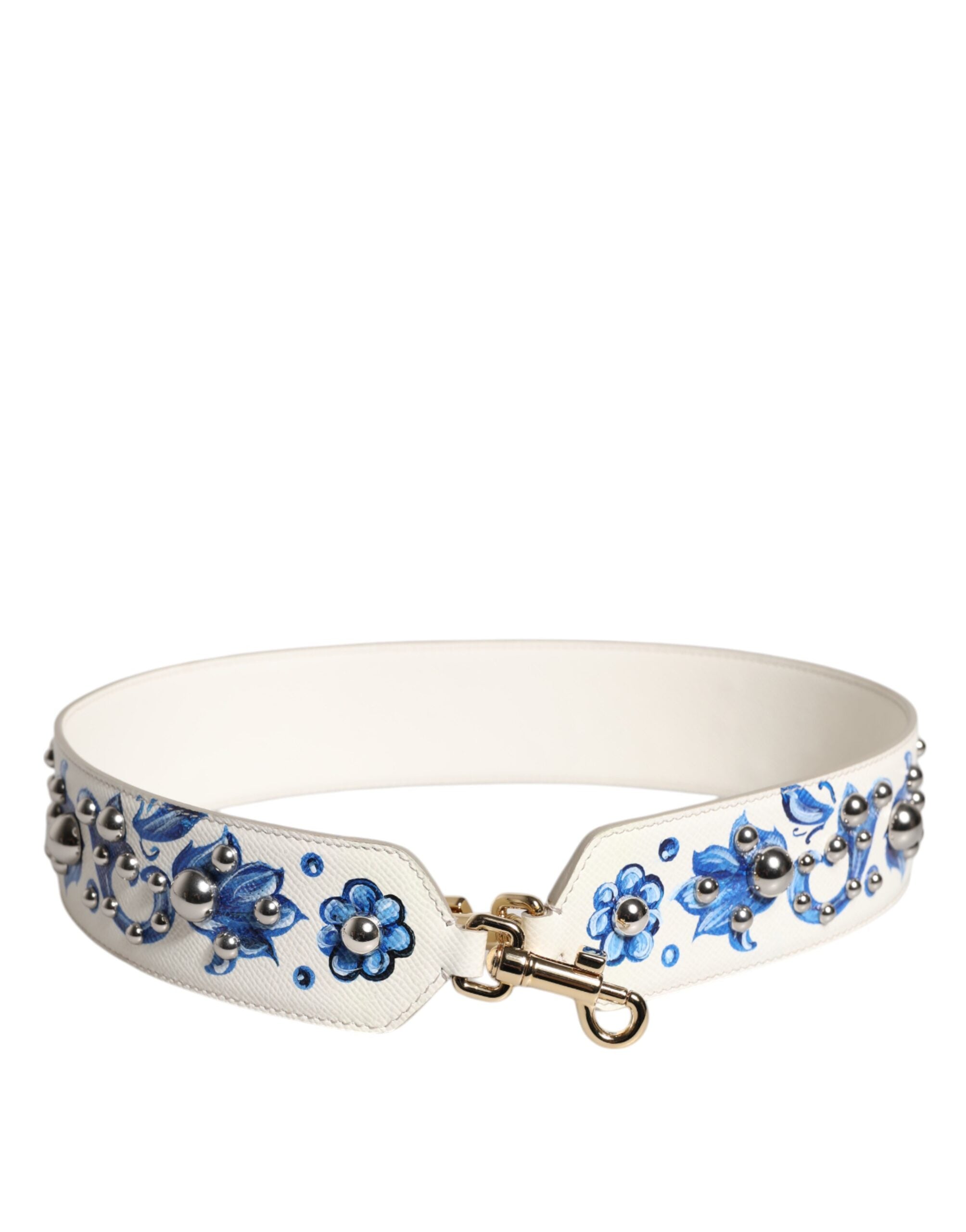 Dolce &amp; Gabbana Schulterriemen aus Leder mit Blumenmuster und Nieten in Weiß und Blau