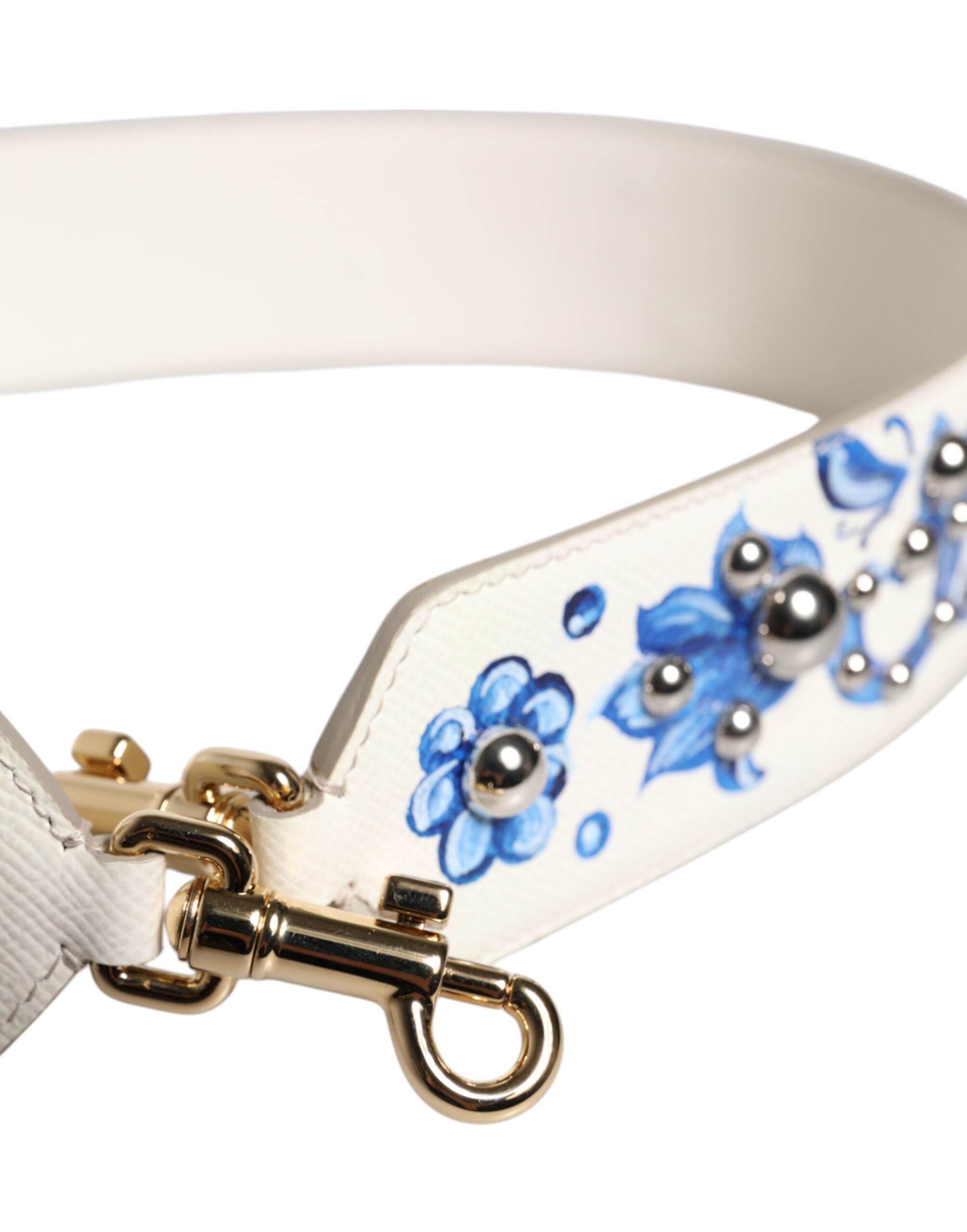 Dolce &amp; Gabbana Schulterriemen aus Leder mit Blumenmuster und Nieten in Weiß und Blau