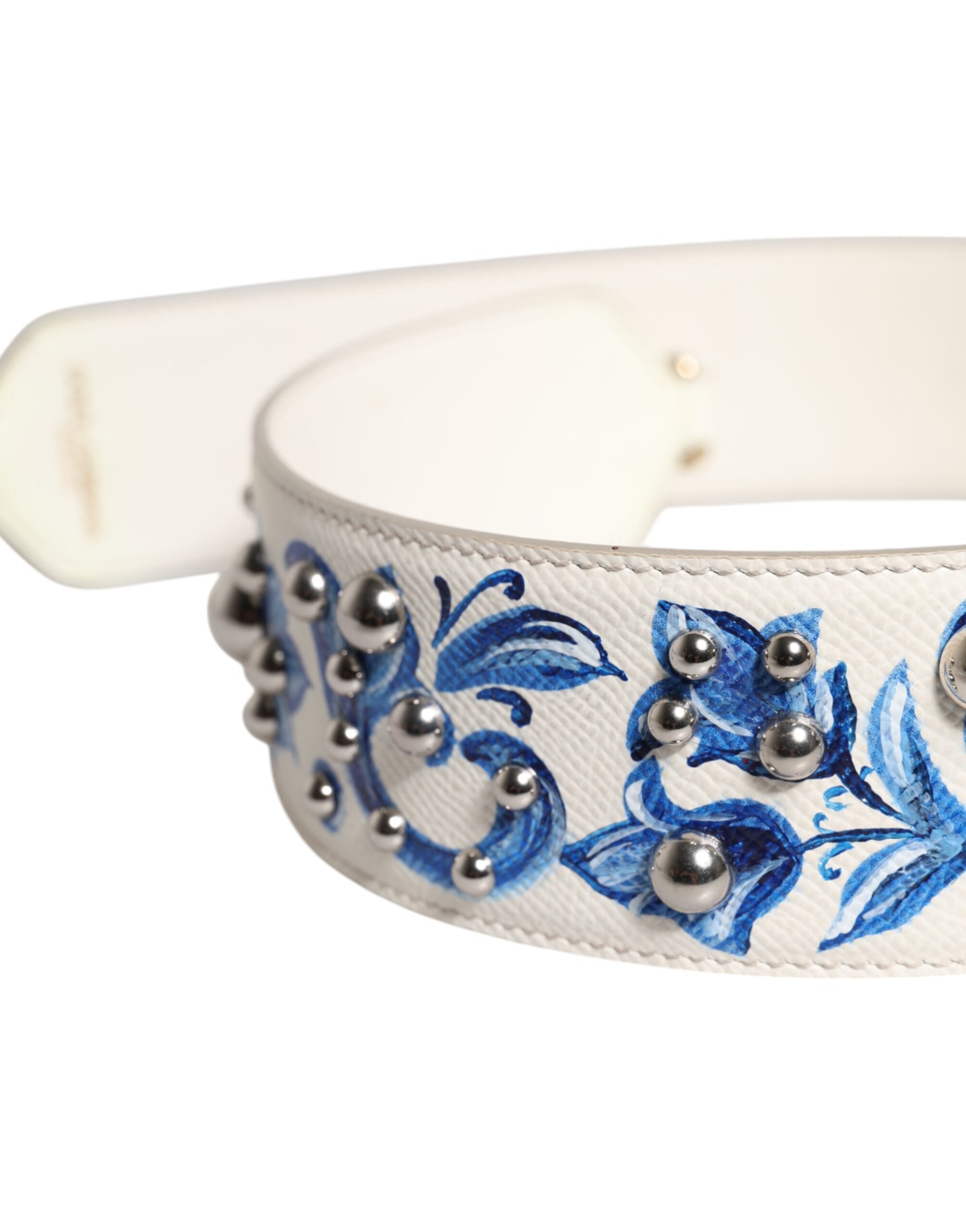 Dolce &amp; Gabbana Schulterriemen aus Leder mit Blumenmuster und Nieten in Weiß und Blau