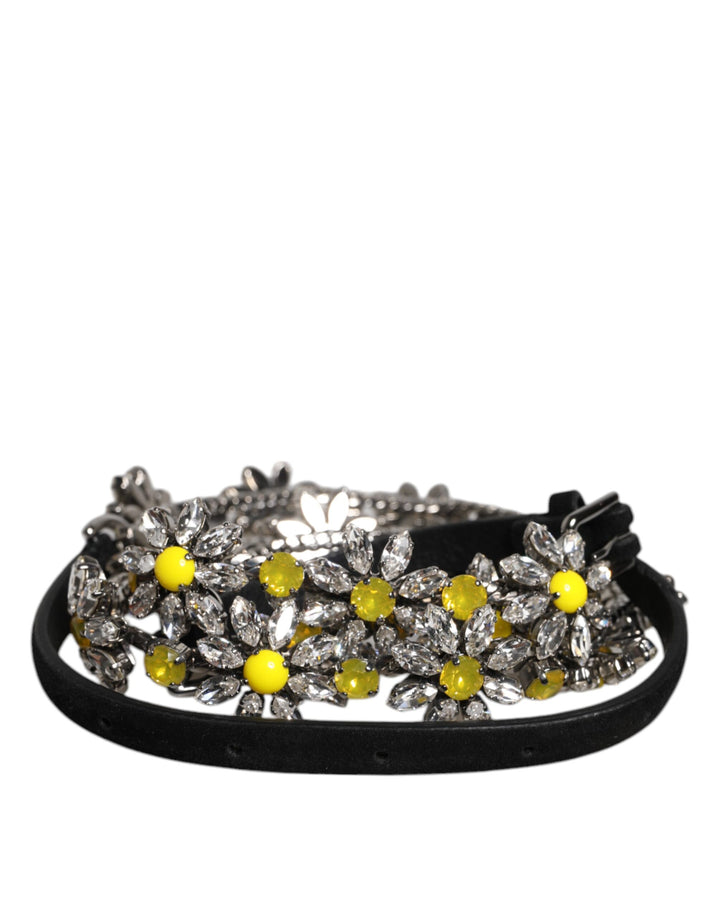 Dolce &amp; Gabbana – Schwarzer Taillengürtel aus Leder mit Gänseblümchen- und Kristallverzierung