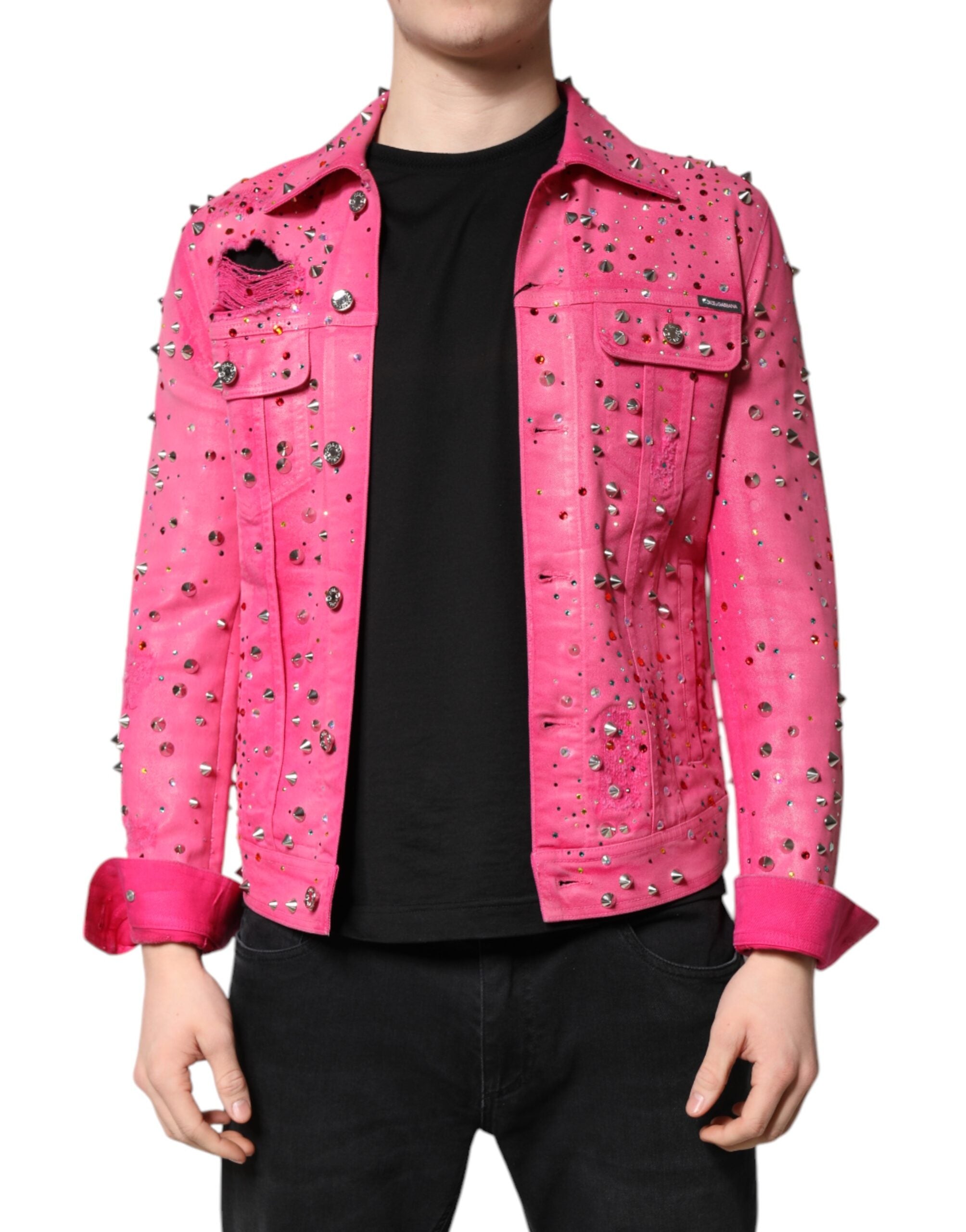 Dolce & Gabbana Pink Crystal Embellished Cotton Denim Jacket