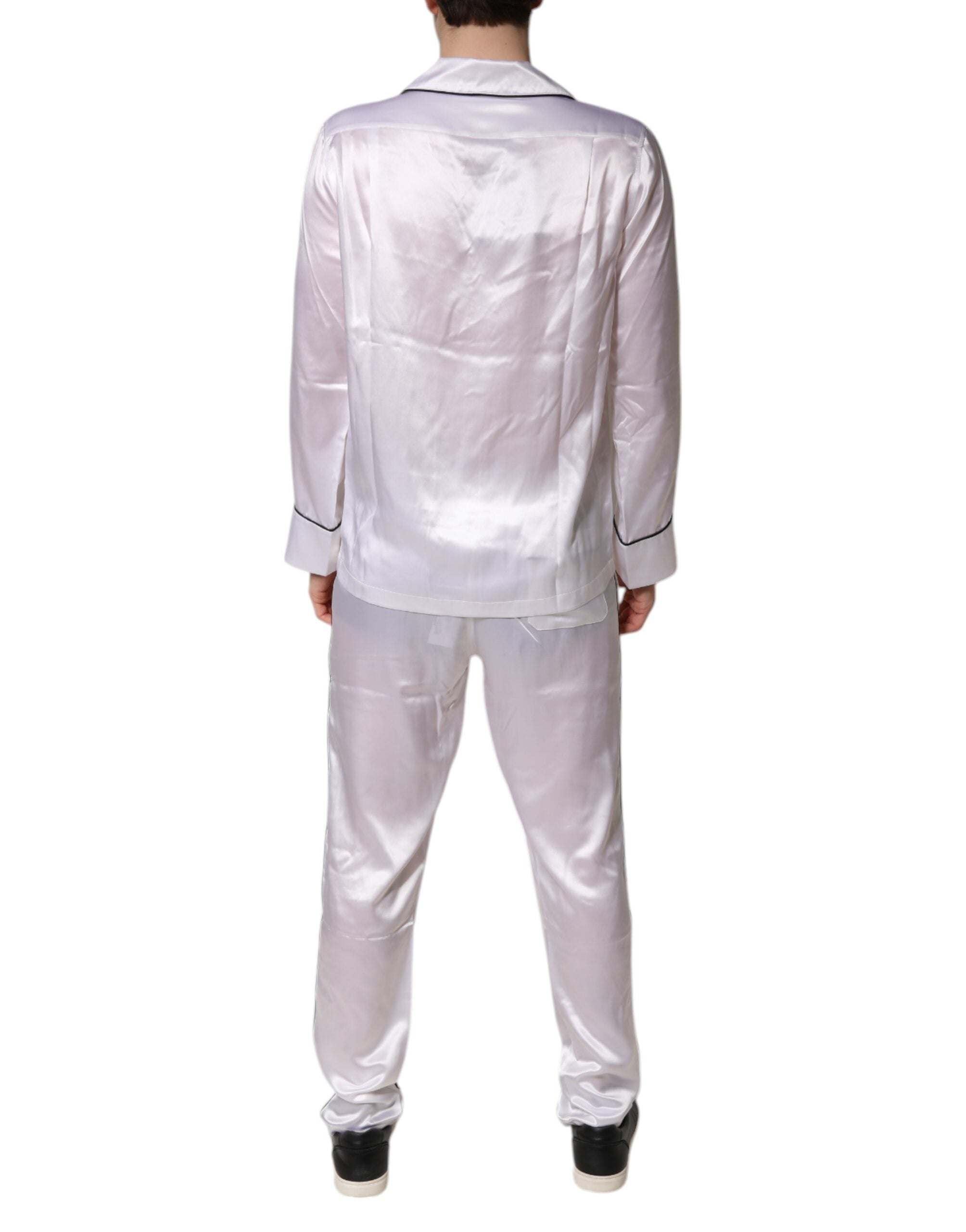 Dolce &amp; Gabbana Weiß Satin Seide Männer Pyjama Set Nachtwäsche