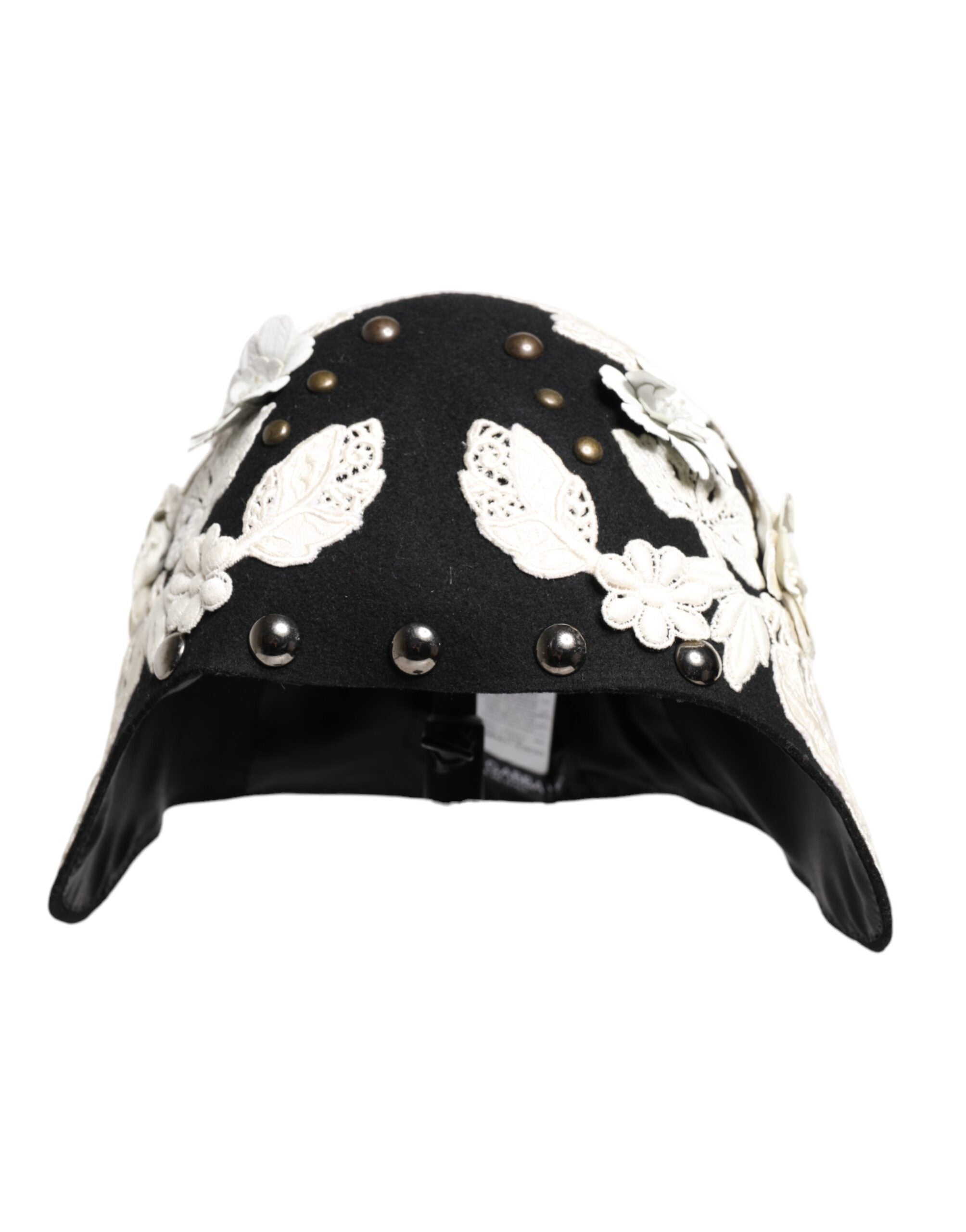 Dolce &amp; Gabbana Glockenhut aus schwarzer Wolle mit weißem Blumenmuster und Blattgold