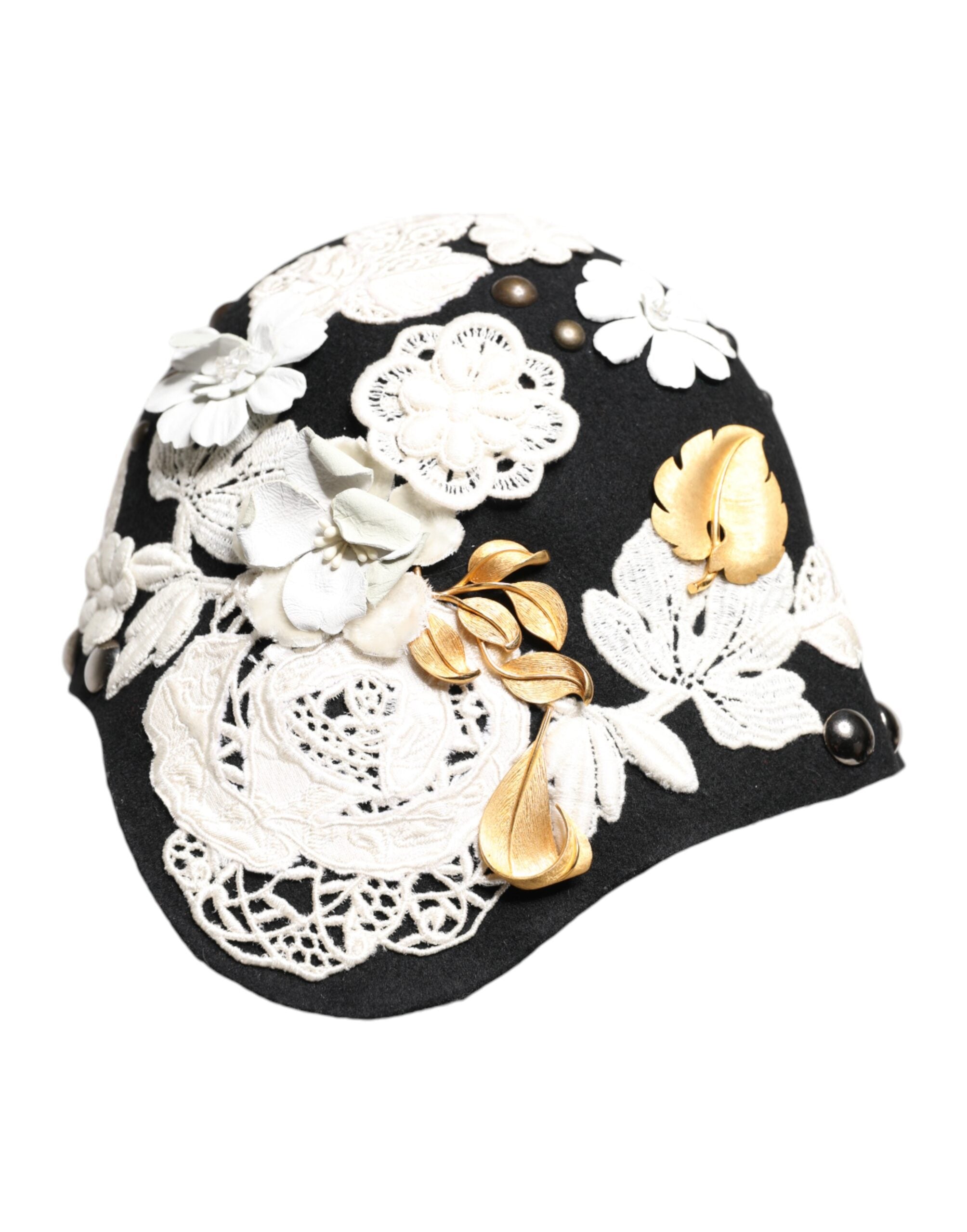Dolce &amp; Gabbana Glockenhut aus schwarzer Wolle mit weißem Blumenmuster und Blattgold