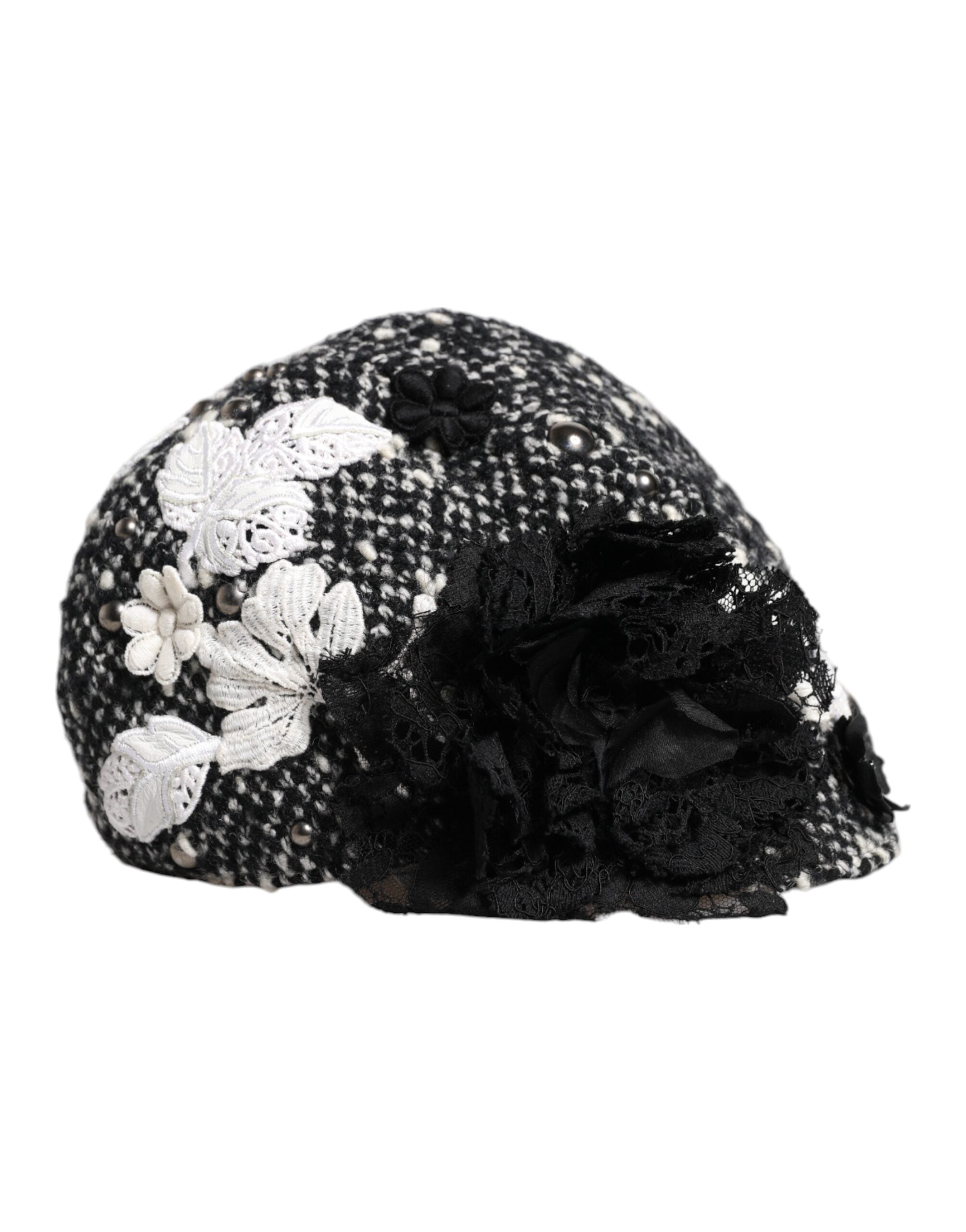 Dolce &amp; Gabbana – Glockenhut aus schwarzer Wolle mit weißem Blumenmuster