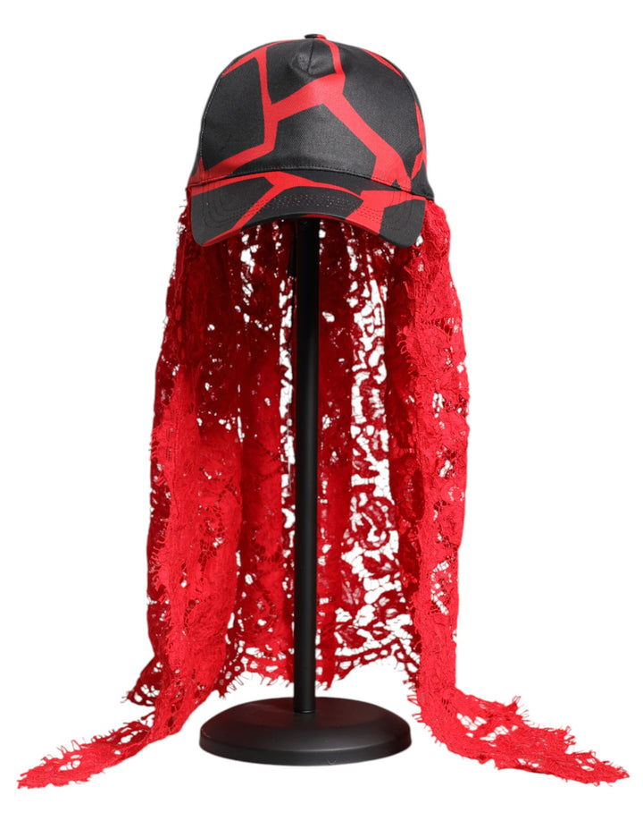 Dolce &amp; Gabbana – Baseballkappe aus Baumwolle mit rot-schwarzer Spitze und Tüll