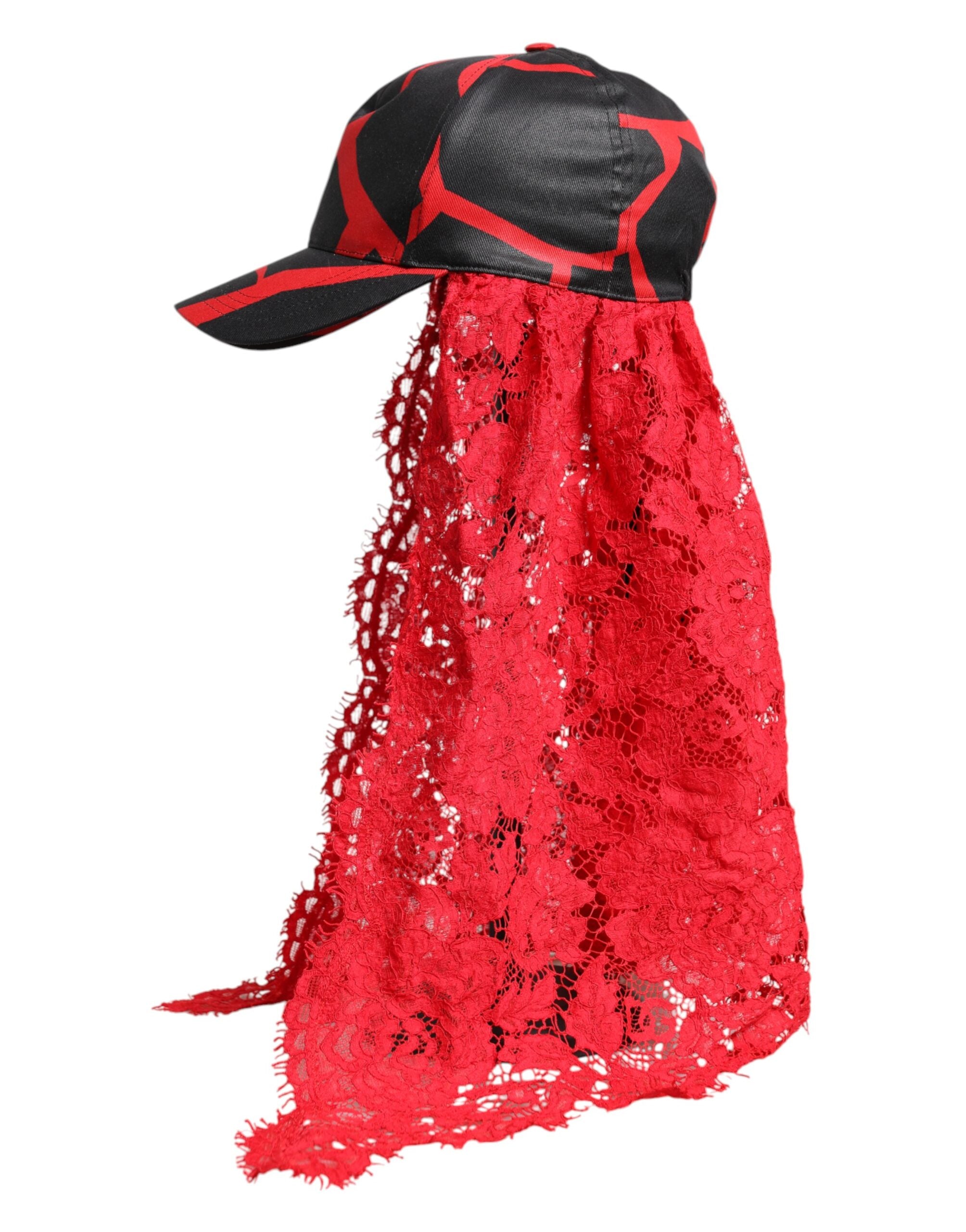 Dolce &amp; Gabbana – Baseballkappe aus Baumwolle mit rot-schwarzer Spitze und Tüll