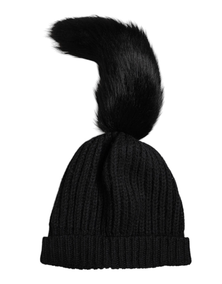 Dolce &amp; Gabbana Wintermütze aus schwarzem Acryl mit gestricktem Pelz