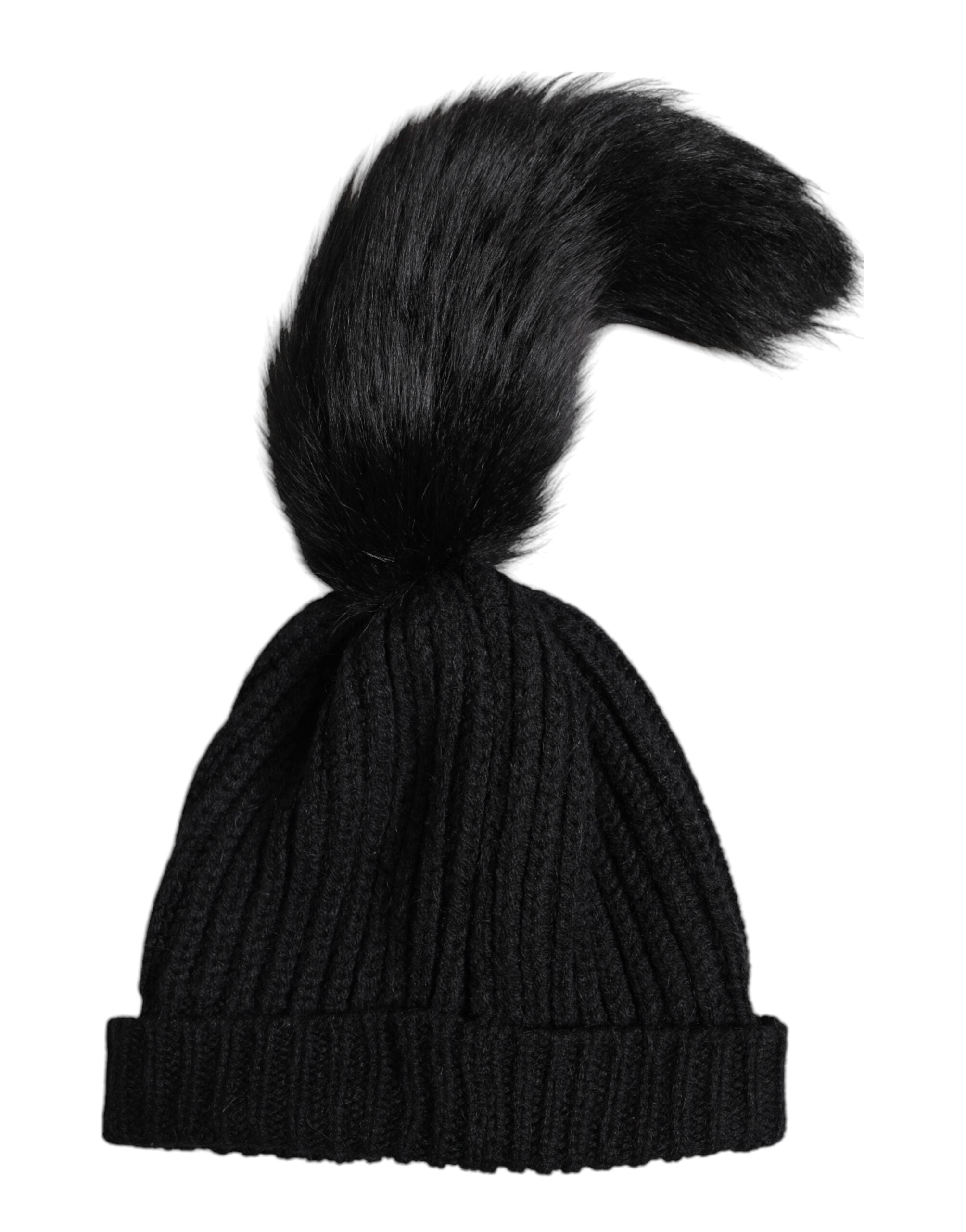 Dolce &amp; Gabbana Wintermütze aus schwarzem Acryl mit gestricktem Pelz