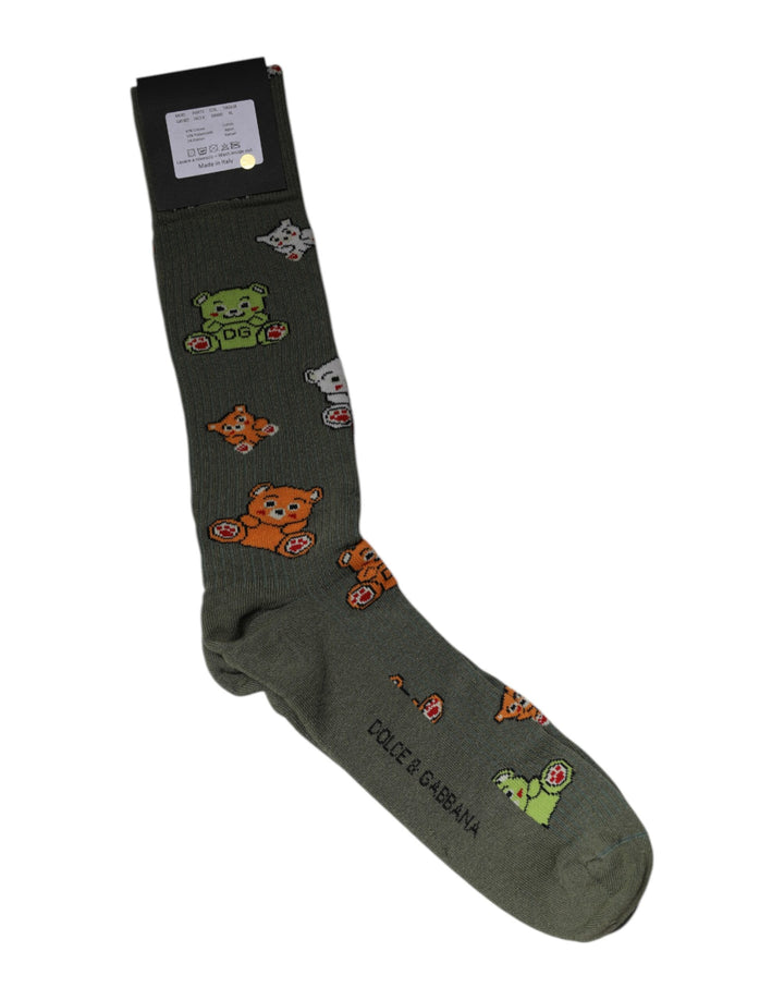 Dolce &amp; Gabbana Grüne Nylonsocken mit DG-Bären-Print, wadenlang