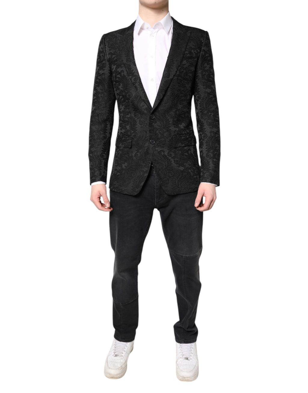 Dolce &amp; Gabbana – Schwarzer Jacquard-Mantel mit Blumenmuster, Jacke und Blazer