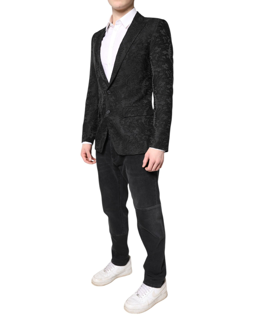 Dolce &amp; Gabbana – Schwarzer Jacquard-Mantel mit Blumenmuster, Jacke und Blazer