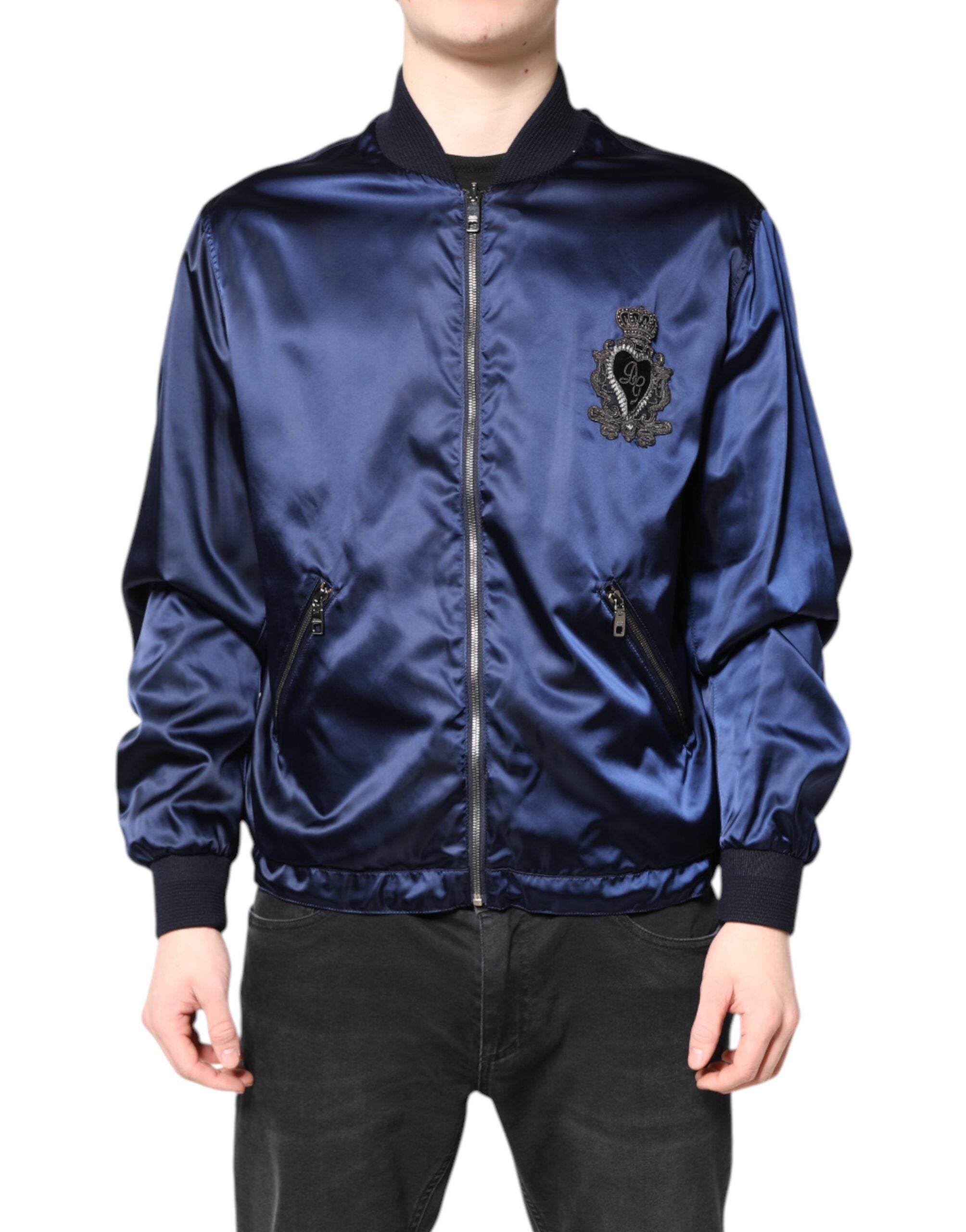 Dolce &amp; Gabbana – Blaue Nylon-Bomberjacke mit durchgehendem Reißverschluss und DG Crown
