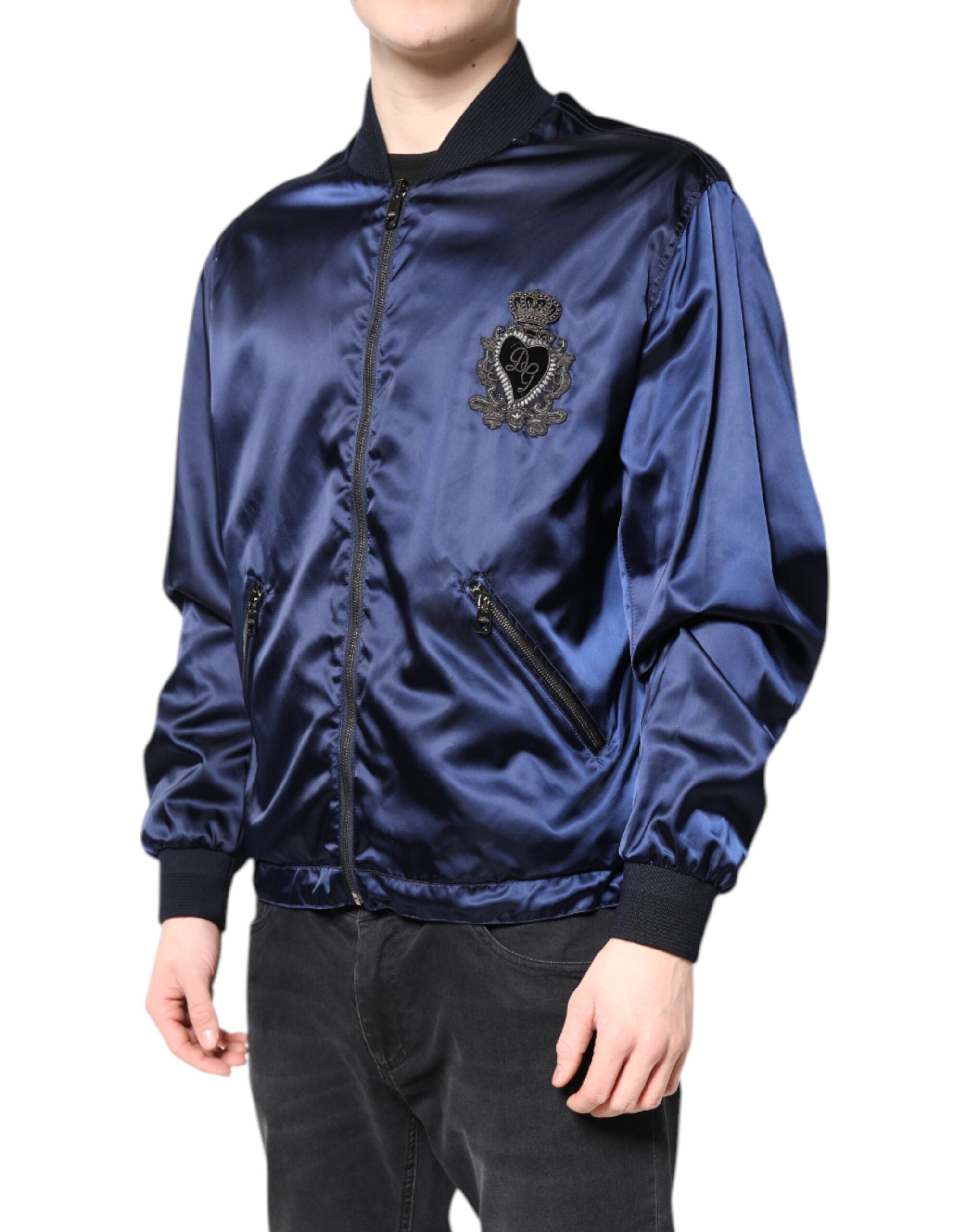 Dolce &amp; Gabbana – Blaue Nylon-Bomberjacke mit durchgehendem Reißverschluss und DG Crown