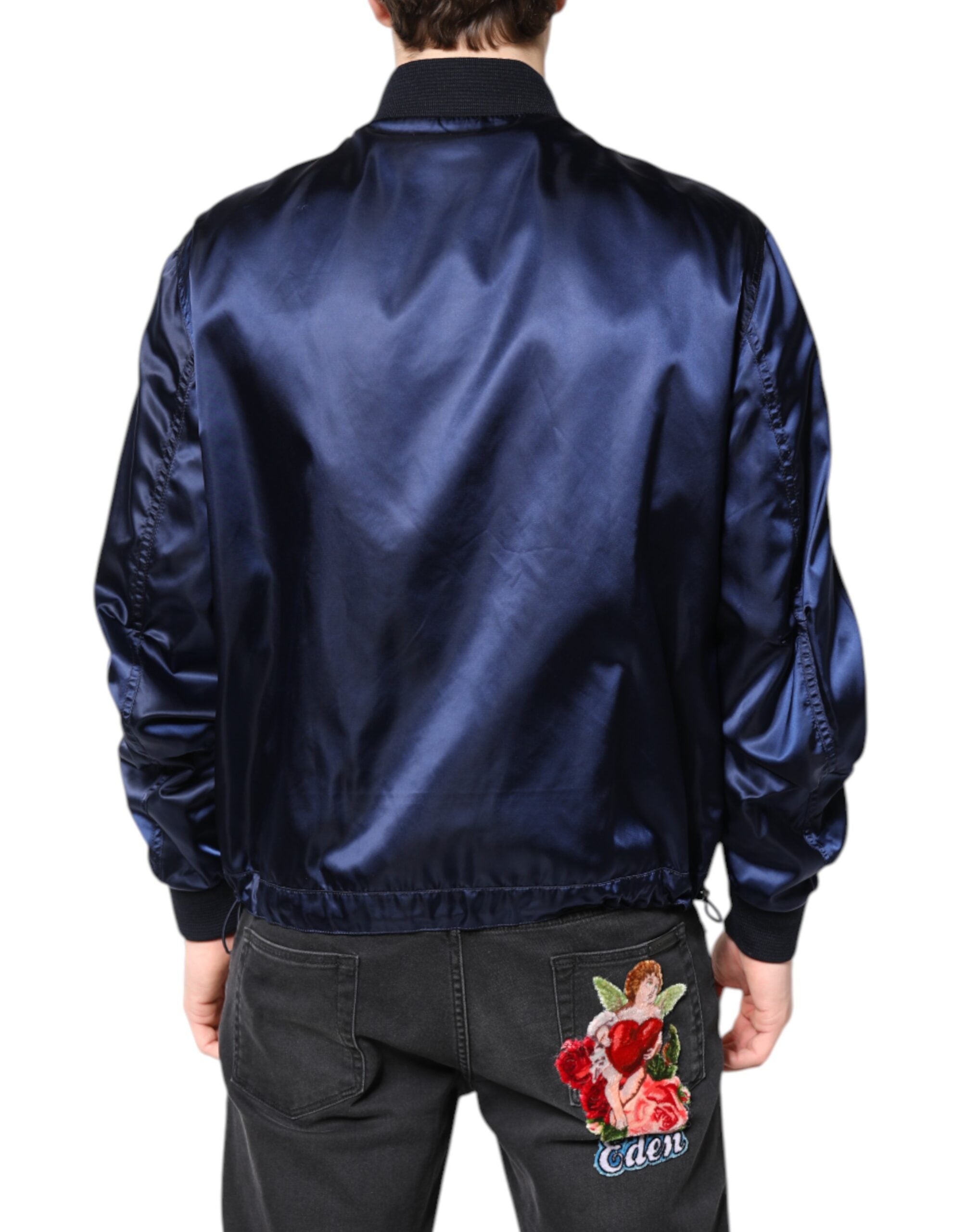 Dolce &amp; Gabbana – Blaue Nylon-Bomberjacke mit durchgehendem Reißverschluss und DG Crown