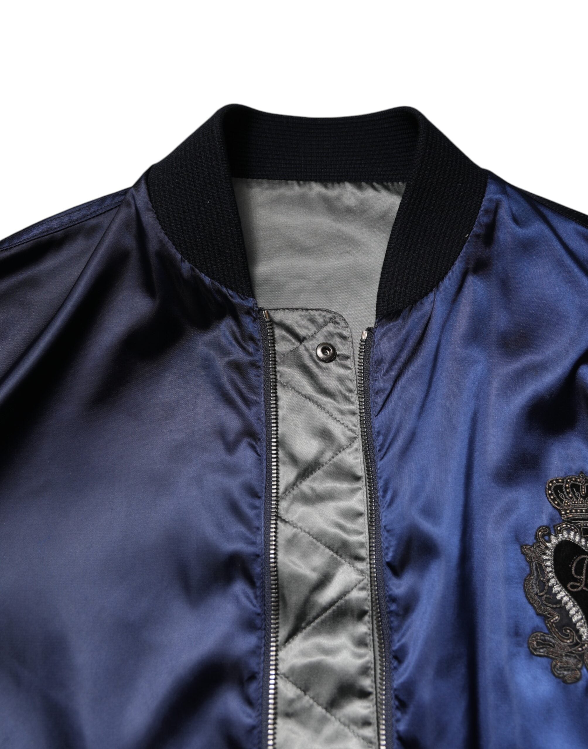 Dolce &amp; Gabbana – Blaue Nylon-Bomberjacke mit durchgehendem Reißverschluss und DG Crown