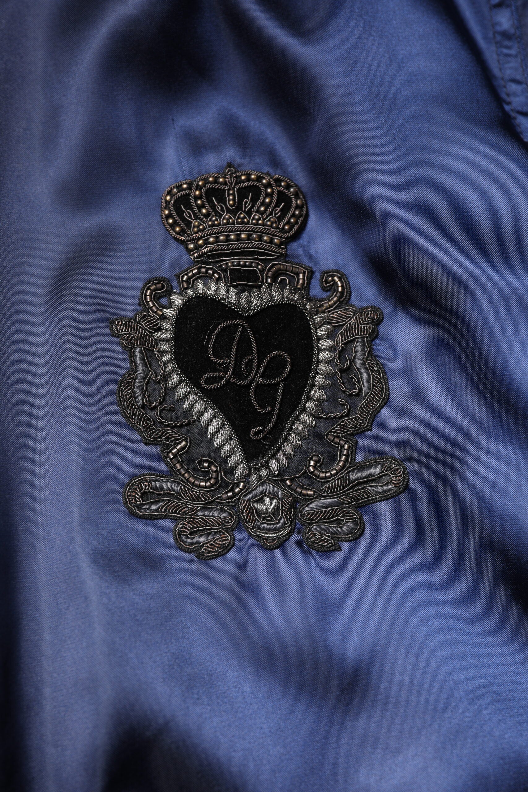 Dolce &amp; Gabbana – Blaue Nylon-Bomberjacke mit durchgehendem Reißverschluss und DG Crown