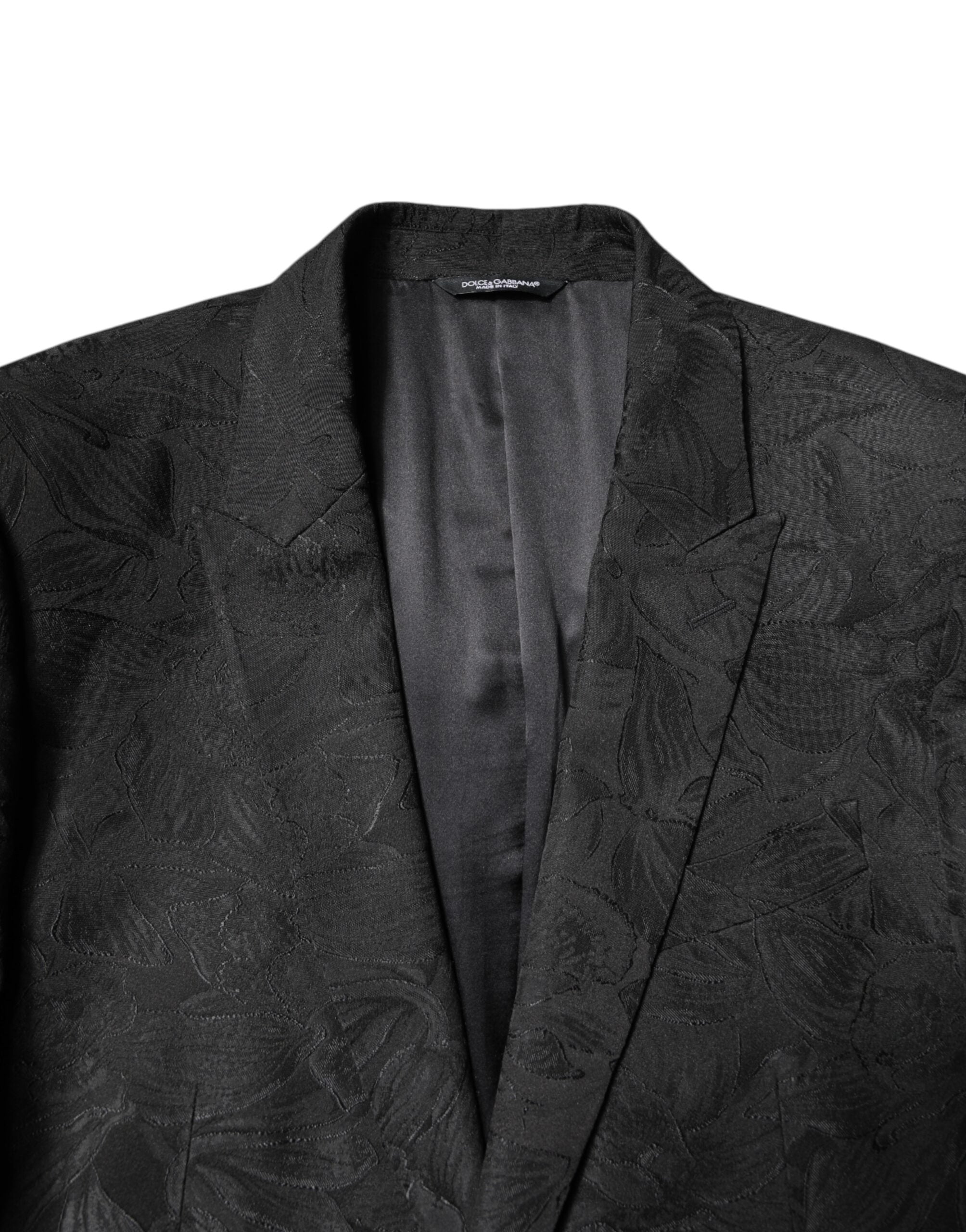 Dolce &amp; Gabbana – Schwarzer, zweiteiliger Anzug aus Polyester-Jacquard mit Blumenmuster